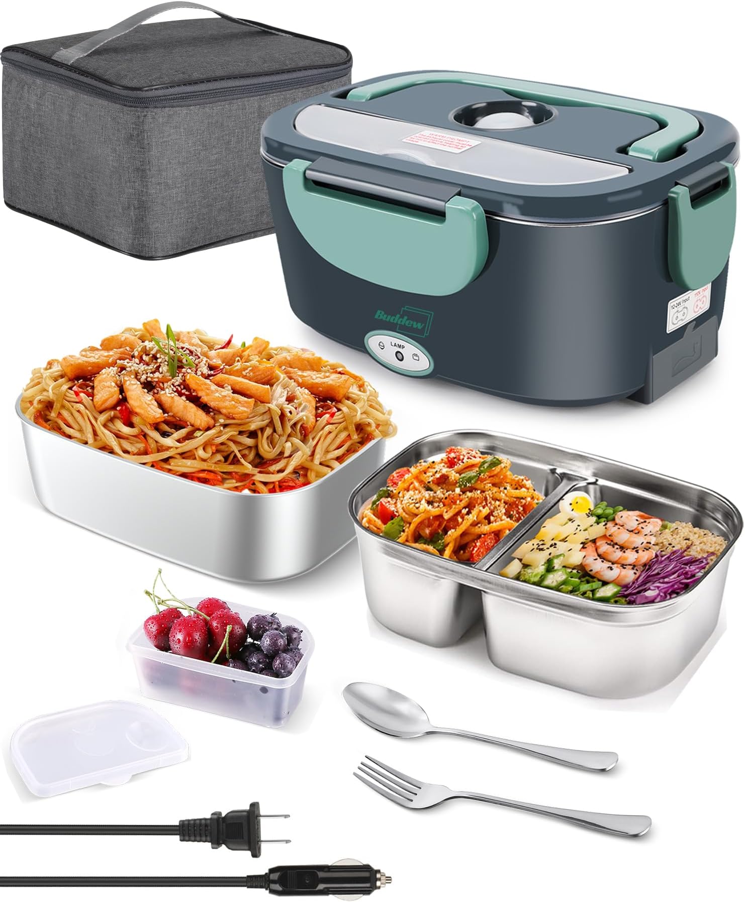 Electric Lunch Box 80W Food Heater with Dual Container, Portable Lunch Warmer for Adults, Upgraded Heated Lunch Box for Car/Truck/Office (GREEN-Dual Container)