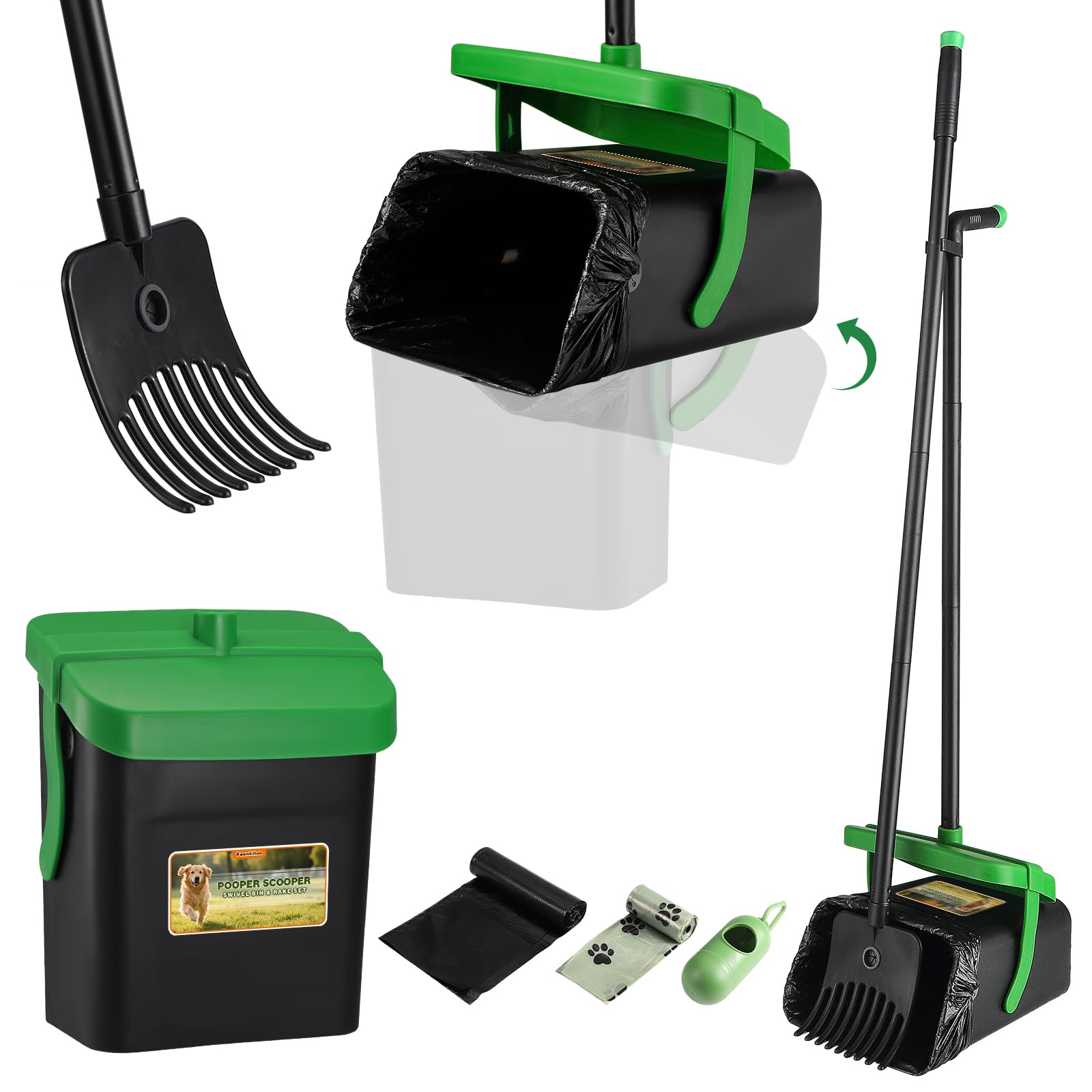 Faankiton Dog Pooper Scooper Swivel Bin & Rake Kit with 35 Waste Bags, Dog Poop Picker, Adjustable Pooper Scooper for All Dogs with 46" Handle, Dog Waste Set for Yard, Grass, Dirt or Gravel (Green)