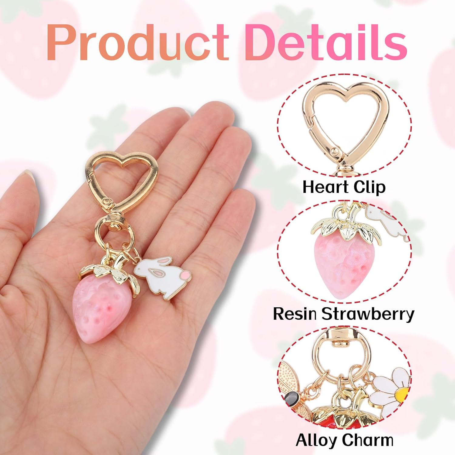 2pcs Cute Strawberry Keychains for Women, Strawberry Gold Bag Charm with Bee Daisy Rabbit Shortcake Items Pendant Fashion Fruit Flower Key Chain for Bag Purse Key Ring Backpack Decor - Image 4