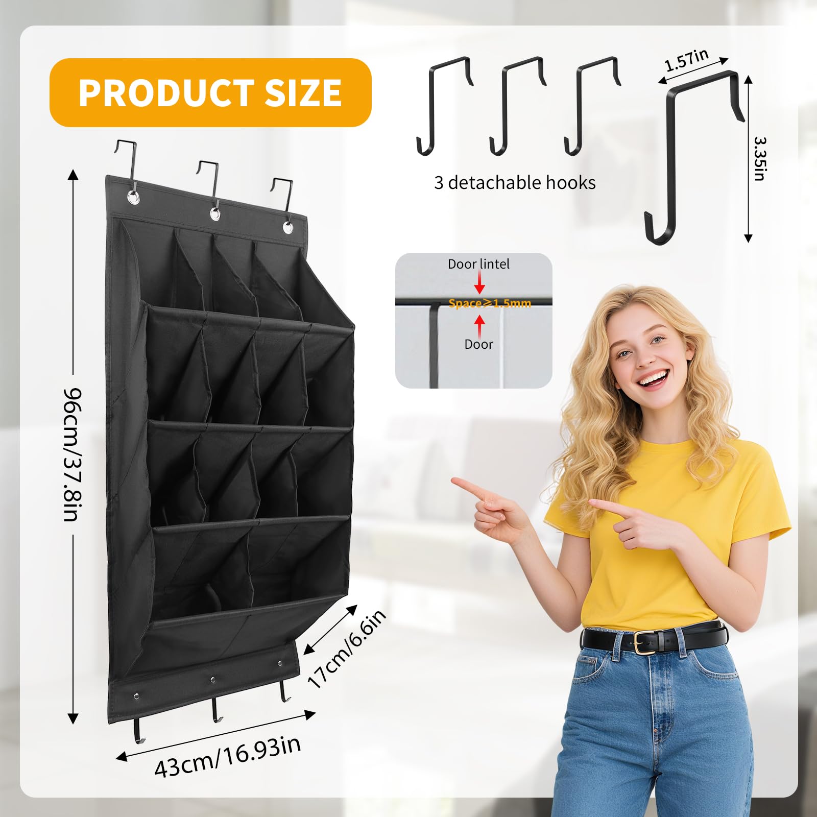 LJEC Organizer per scarpe da appendere, con gancio, porta scarpiera con 14 tasche profonde per armadio, organizer da appendere alla porta per campeggio, armadietto, dormitorio e camper, nero