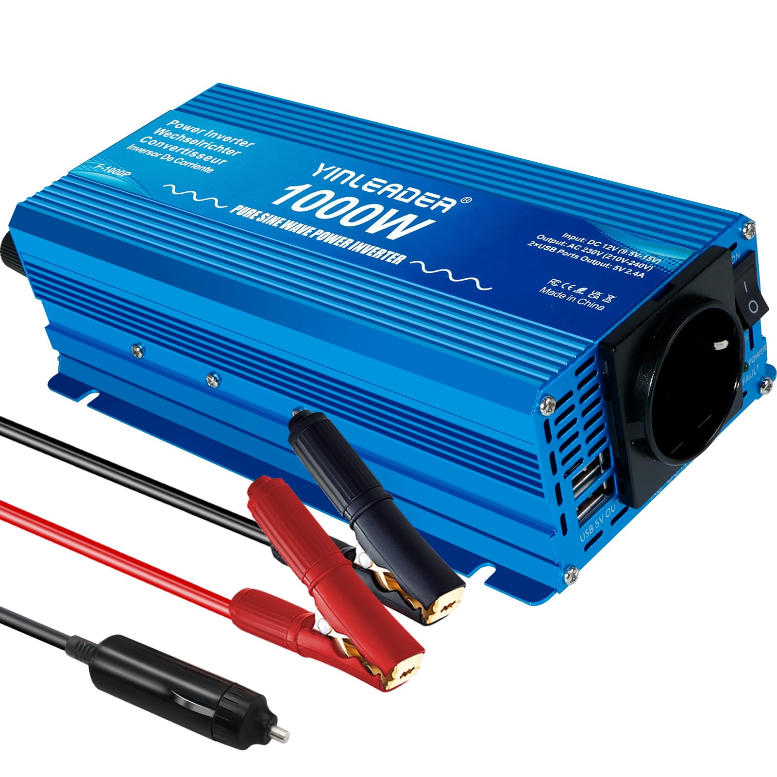 Yinleader Inversor De Corriente Onda Sinusoidal Pura 1000W Transformador De 12v A 230v, 1 Toma EU Enchufe 2 USB, para Coche Caravana Barco cámping de Viaje /2000W Potencia de sobretensión