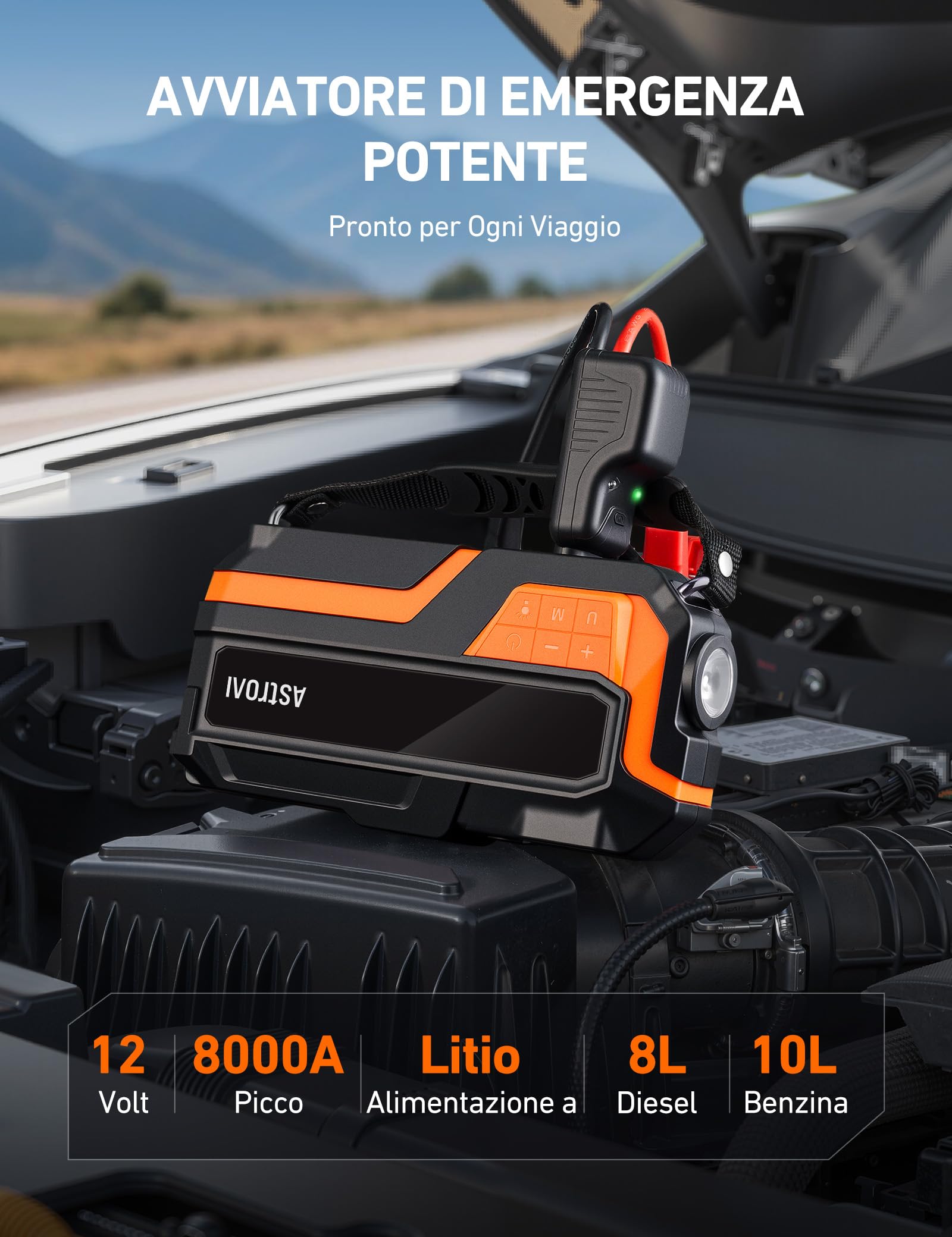 AstroAI MF16 Booster Avviamento 8000A & 150PSI Compressore Aria Portatile, Avviatore di Emergenza per Auto/Moto (10L Benzina/8L Diesel) con Torcia LED&Display