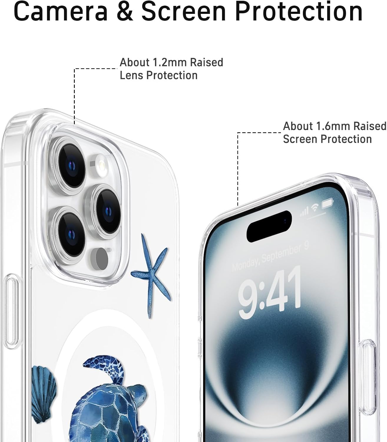 Summer Clear Phone Case for iPhone 16 Pro Compatible with MagSafe, Sea Turtle Beach Blue Ocean Shell Water Grass Design Shock Proof Heavy-Duty Protection for Men Women Girls - Image 4