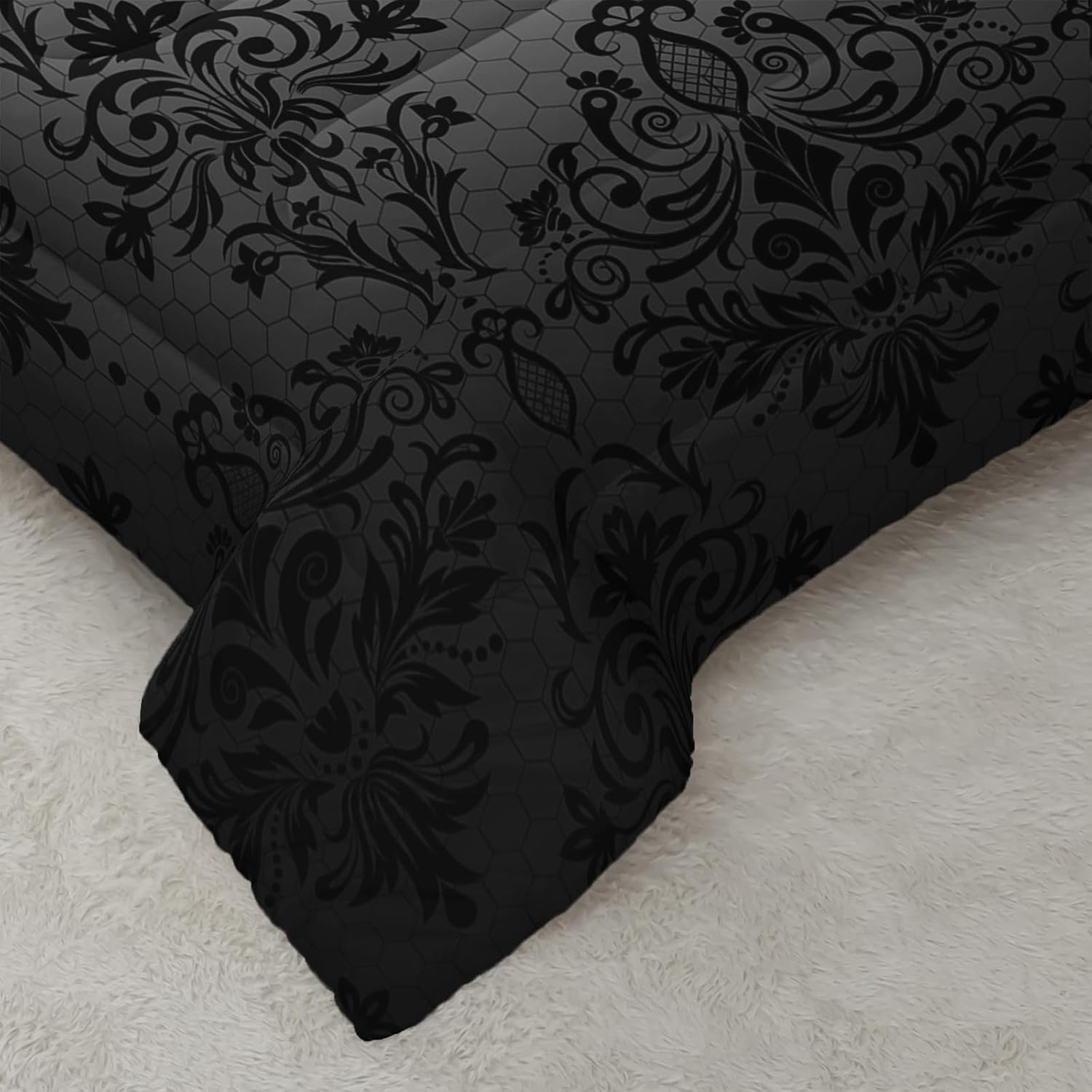 Black Gothic Floral Print Comforter Set Queen Size,Vintage Damask Floral Bedding Set,Bohemian Exotic Printed Quilted Set for Teens Adult,with 1 Comforter and 2 Pillow Case - Image 5