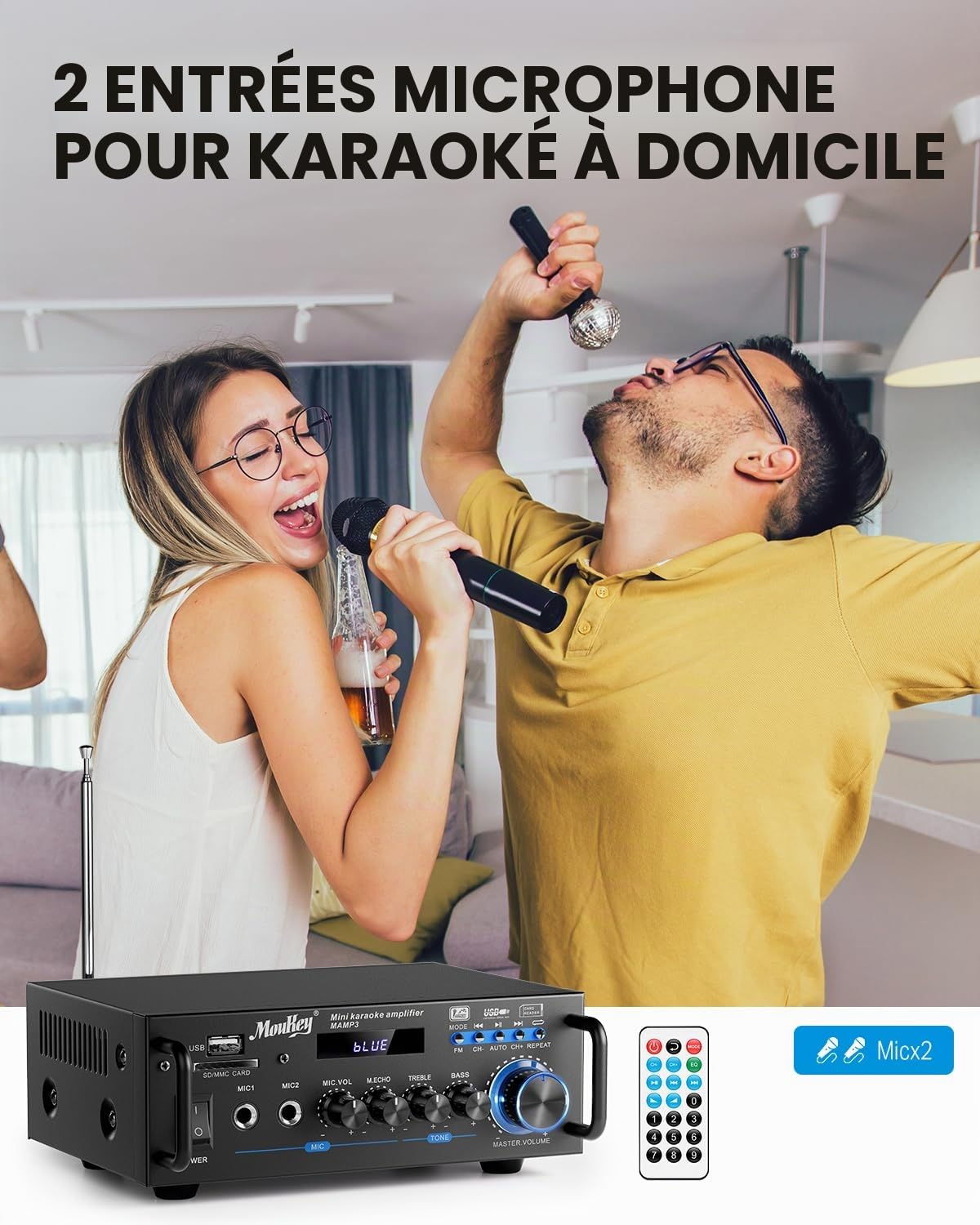 Moukey Amplificateur Audio 2.0 Canaux, Amplificateur Stéréo Bluetooth 5.0 100W, Amplificateur HiFi, Radio FM Portable, Entrée Carte SD/USB, pour Voiture ou Maison, MAMP3
