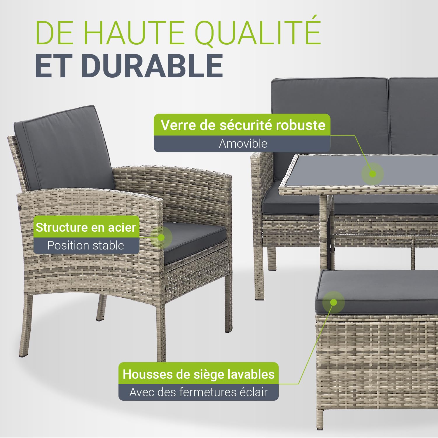 Juskys Salon de Jardin 6 pièces Turin en polyrotin - 7 Personnes - Mobilier d'extérieur avec fauteuils, tabourets, Table & Coussins - Meubles de Jardin pour Coin Lounge - Gris