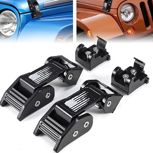 Buling Aluminum Hood Latches Catch Kit Compatible with Jeep Wrangler JK JKU 2007-2018 & Jeep Wrangler JL JLU 2018-2025 & Jeep Gladiator JT 2020+ (Retro Flag)