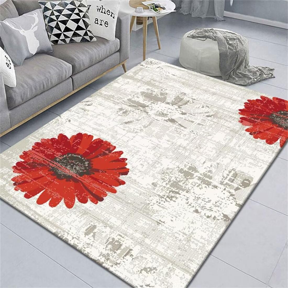 Tapis chambre enfant garçon motif floral moderne rouge gris