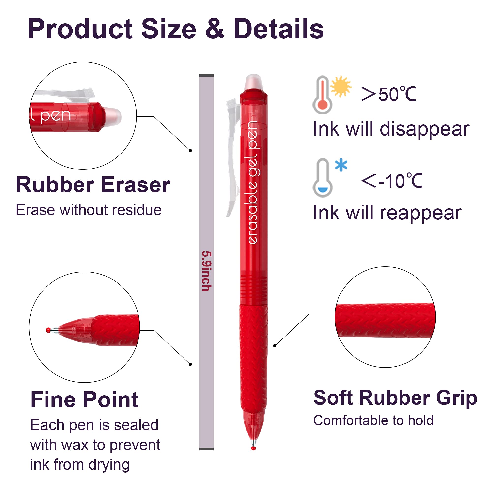 Lineon Lot de 15 stylos à encre gel rétractables rouges effaçables à pointe fine pour faire disparaître les erreurs, encre rouge pour planification d'écriture, planificateur et mots croisés