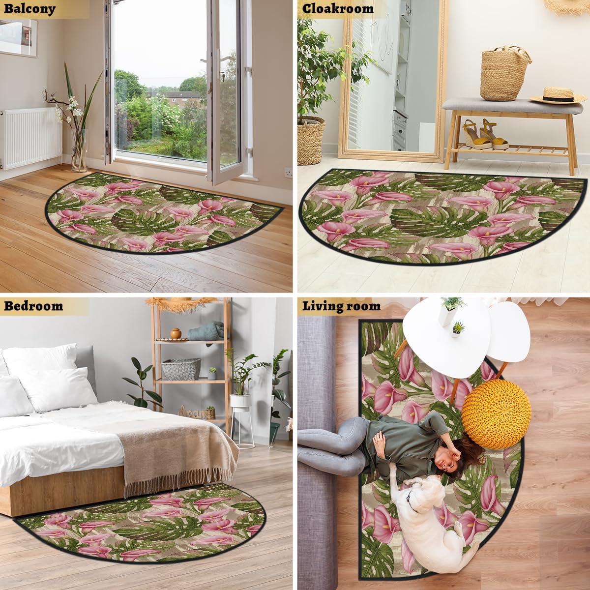 Große halbrunde Fußmatte – Retro-Palmblatt-Blumenmuster, rutschfest, saugfähig, halbrund, Eingangsbereich, niedlich, weich, halbrund, waschbar, Teppich für Küche, Badezimmer, Schlafzimmer, 160