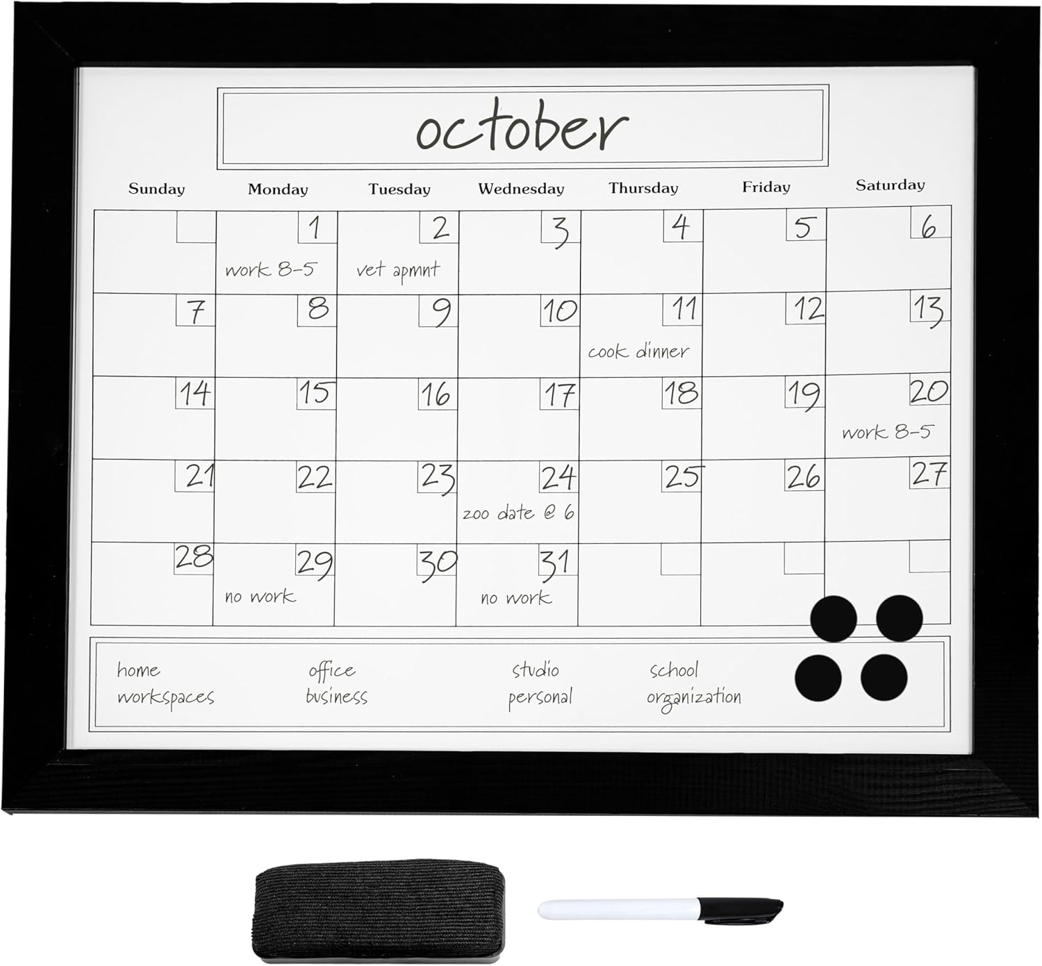 Sunnydaze Monthly Calendar Whiteboard for Wall - Dry Erase Board Calendar with Pine Wood Frame
