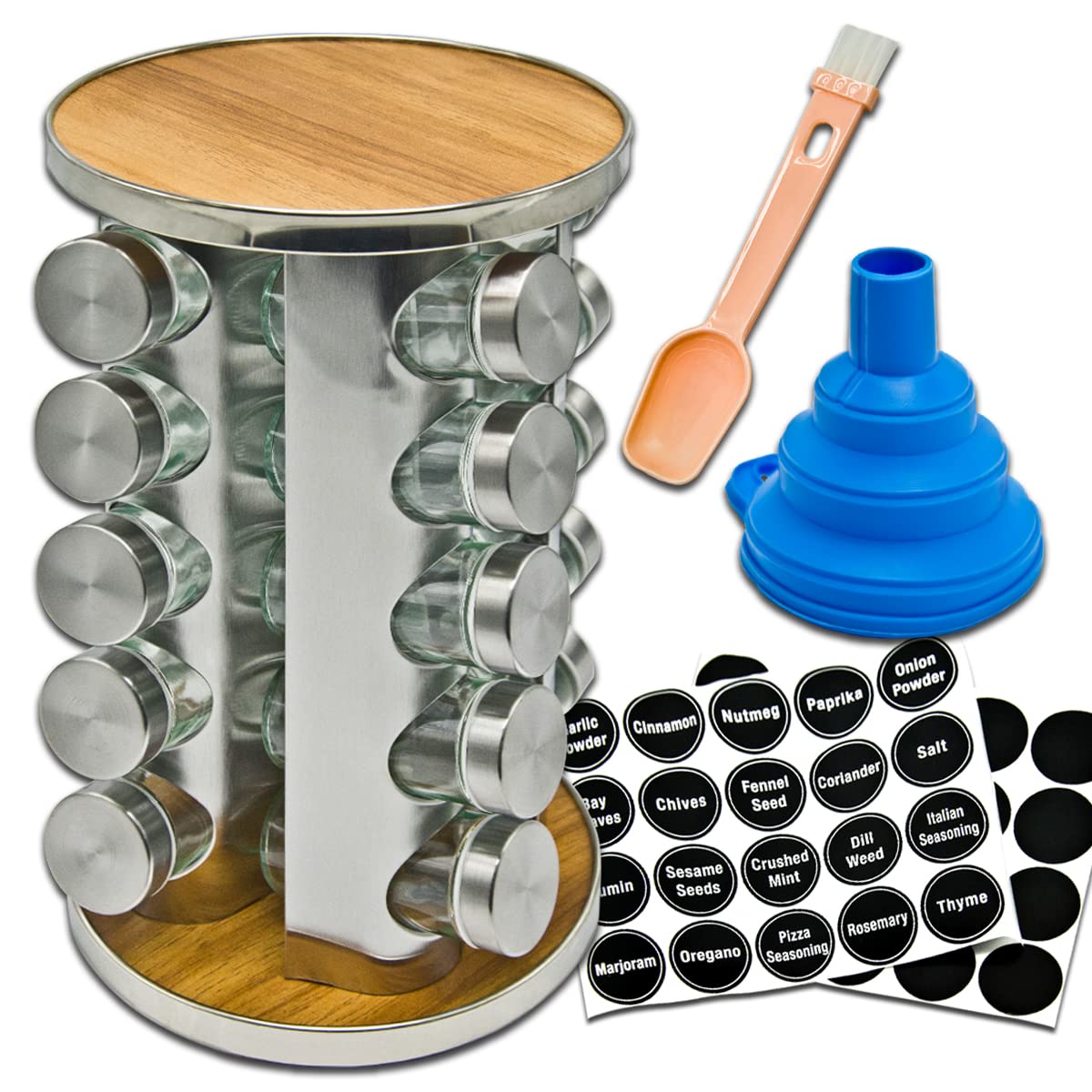Spice Rack, 20 Jars Rotating Spice Rack, Spice Jars with Label
