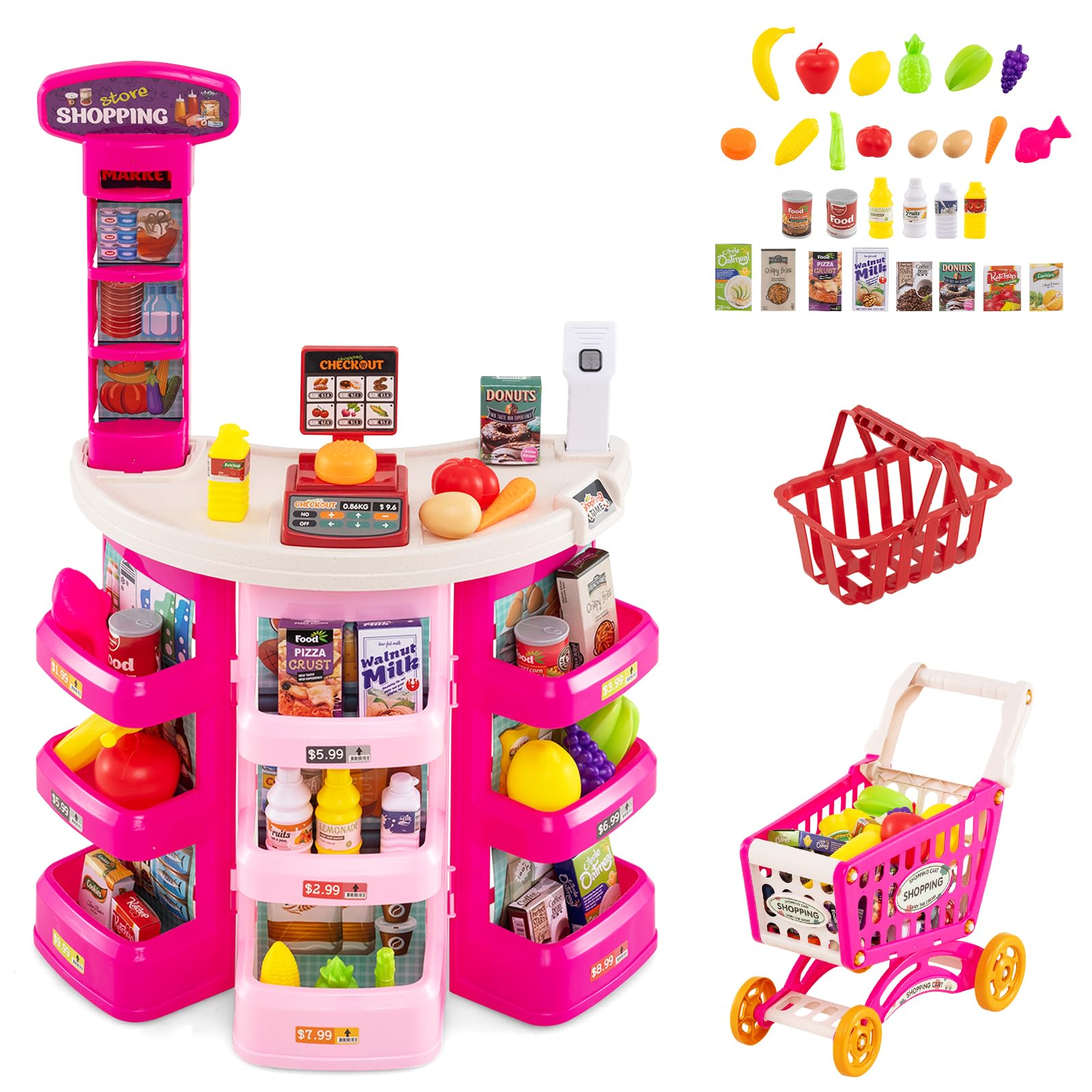 RELAX4LIFE Supermercato per Bambini con Banco, Carrello della spesa e Cestino, Bilancia Simulata, Cassa con Effetti di Luce e Suono, Supermercato Giocattolo con 29 Accessori per Bambini 3+ Anni (ROSA)