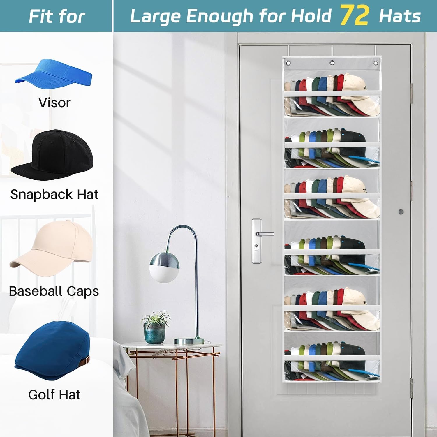 Estantes transparentes para gorras de béisbol, grandes con capacidad para hasta 72 gorras, organizador de almacenamiento de sombreros para pared de armario, bolsillos profundos, estantes 4