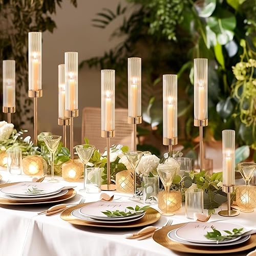 Miniatura 2 de Portavelas dorados de huracán, juego de 3 portavelas cónicos de cristal, soportes de metal para velas a granel con cubierta de vidrio acanalado para