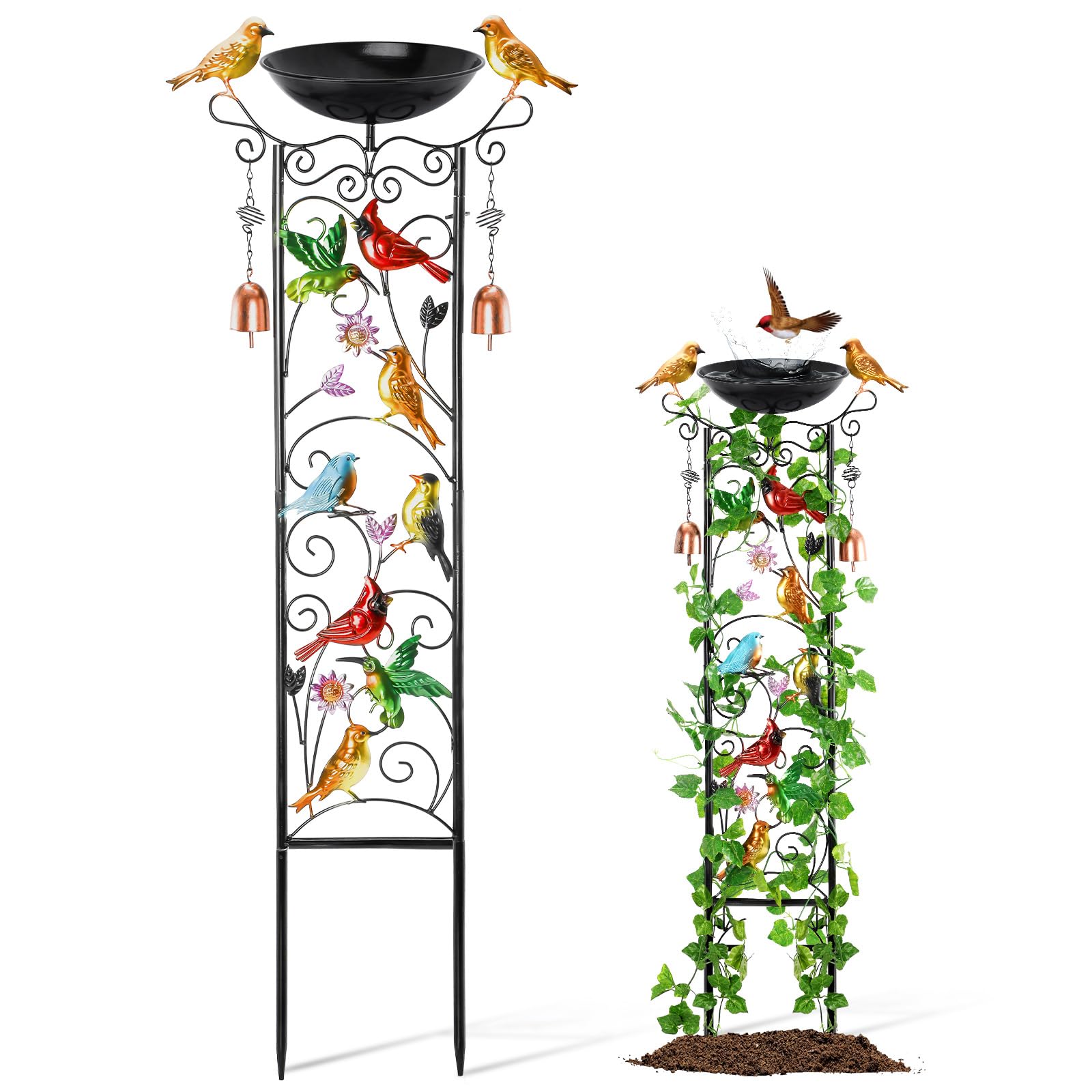 QmetalartBird Bath with Garden Trellis and Wind Chime Decor Hummingbird Cardinal Feeder Yard Sign Outdoor Climbing Plant Stakes Spring Lawn Decorations Spring Birds on Branch Memorial Gift