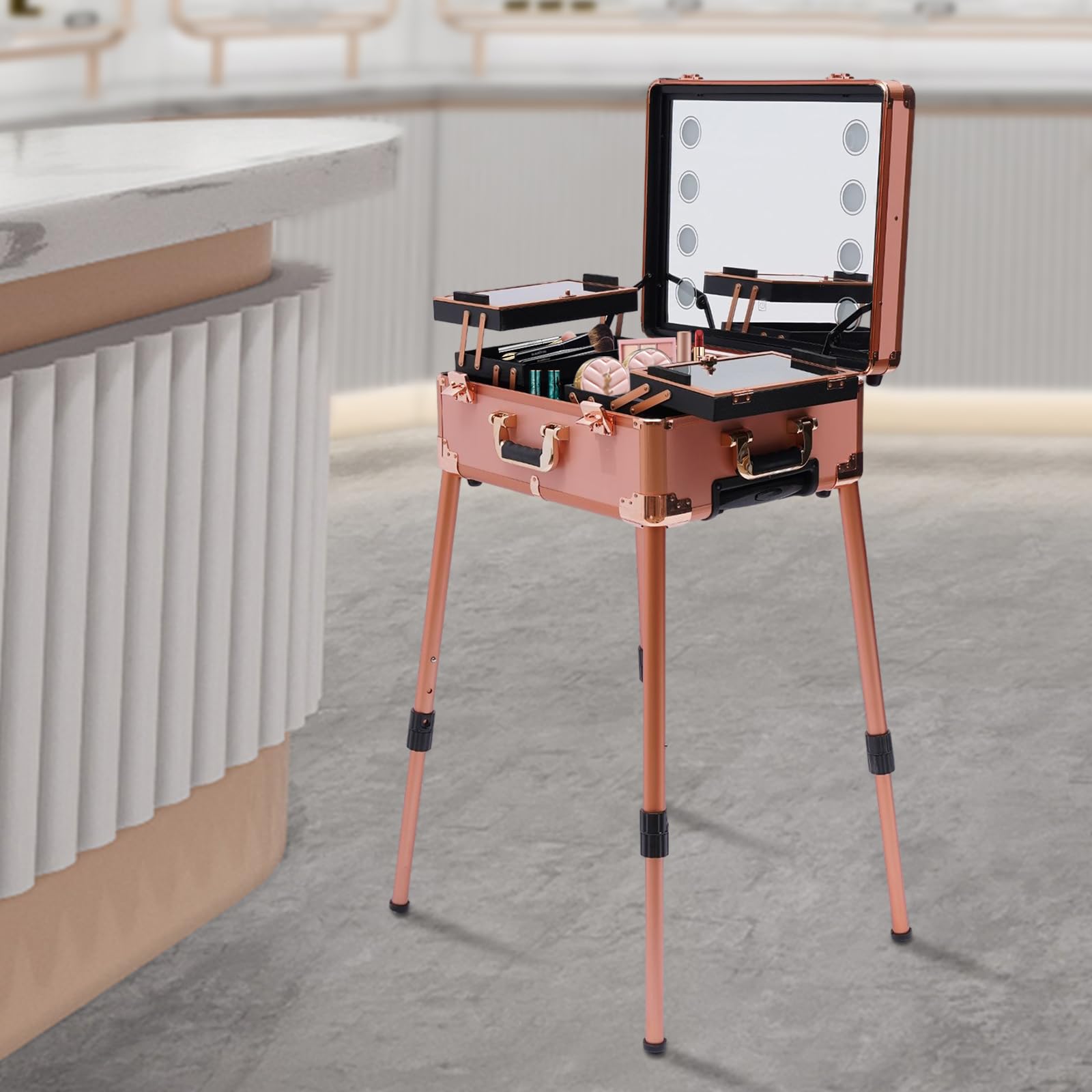 Profi Kosmetikkoffer Trolley Schminkkoffer Make-up Koffer Beauty Case Roségold 3-Etagen 4 Rollen 8 LED-Licht Farbe/Helligkeit 50kg Traglast 82cm Höhe Abschließbar Alu
