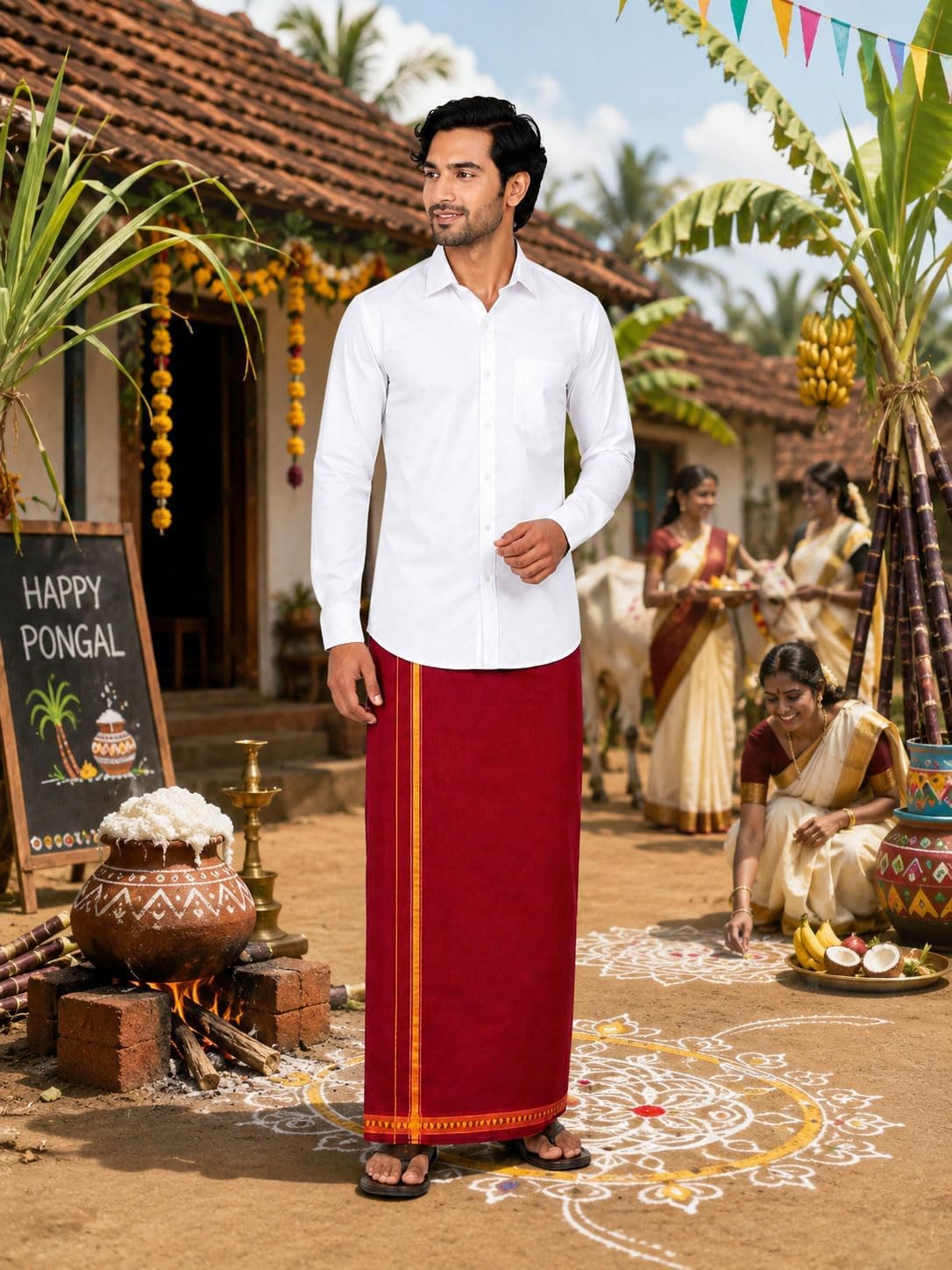 Men’s Fancy Border Dhoti, Single Layer 2.0 Meter Mundu Veshti, Traditional Colored Border Dhoti
