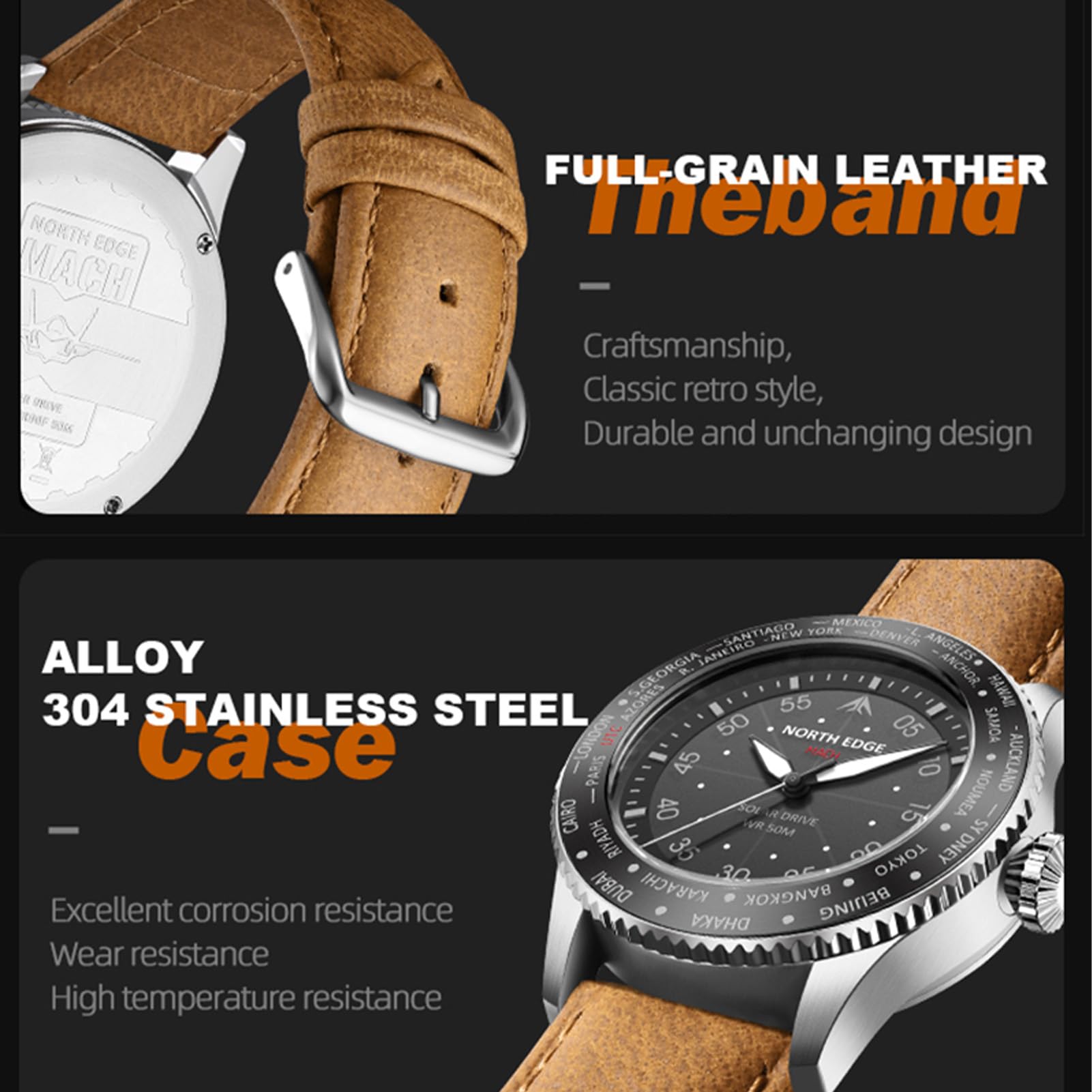 Lixada North Edge Mach Watch, Pilotenuhr, solarbetriebene Uhr für Herren, 50 m wasserdicht, Chronograph, Nachtsicht, hält bis zu 180 Tage, Solaruhr