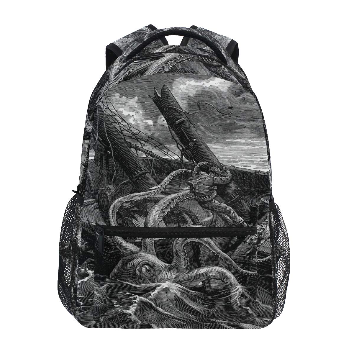 ZZKKO Sea Monster Kraken Black and White Boys Girls School Computer Backpacks Book Bag Travel Hiking Camping Daypack