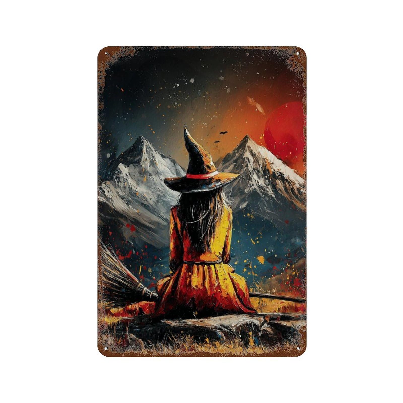 Rustic Tin Plaque with Witch's Solitude Mountain Sunset Design 11.8"x7.9", for Cafe, Home Bar And Lounge Decor, Industrial Home Decor