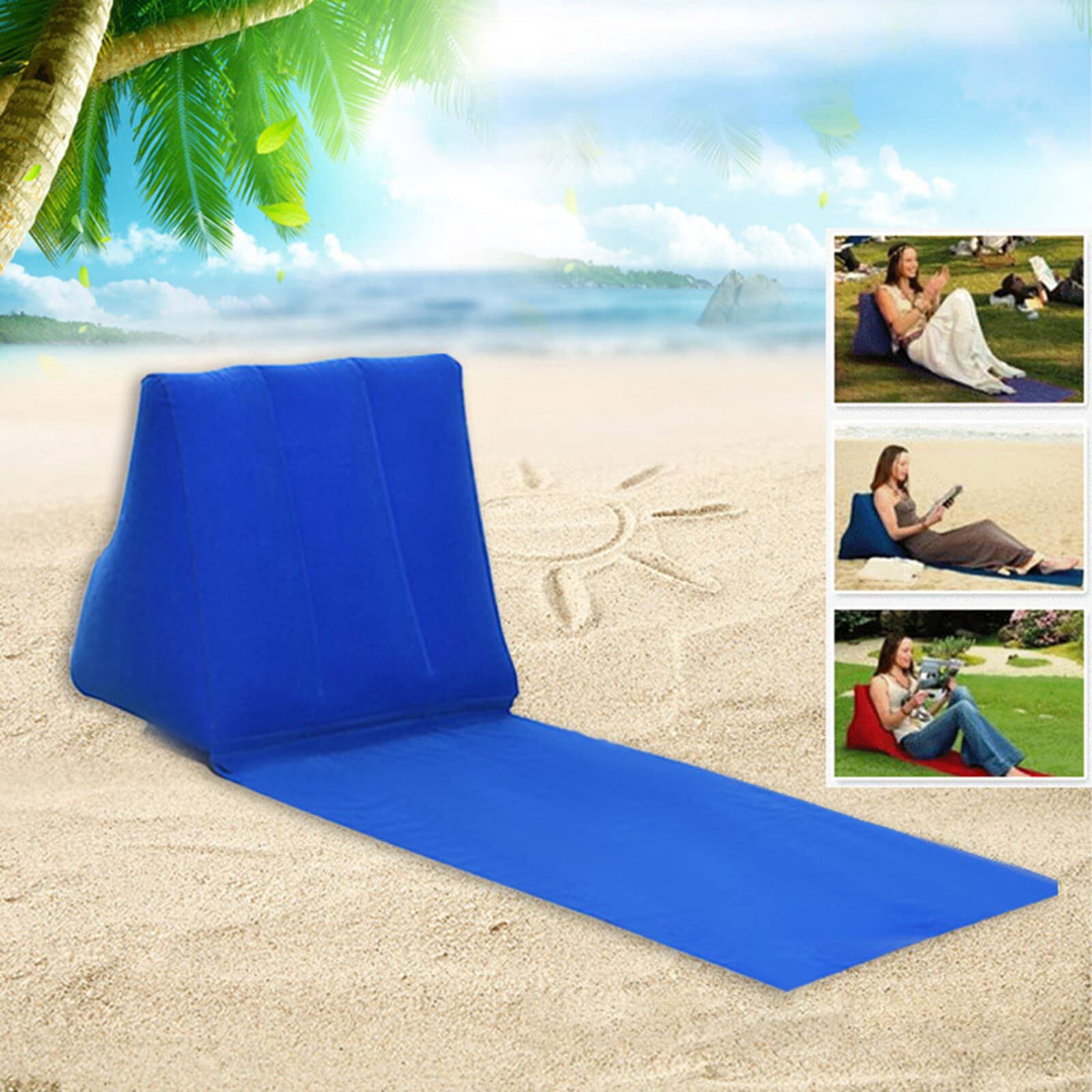 SOONHUA Cuscino gonfiabile per la schiena, portatile, reclinabile, a forma di cuneo, tappetino da spiaggia, pieghevole, impermeabile, per campeggio all'aperto (blu scuro)