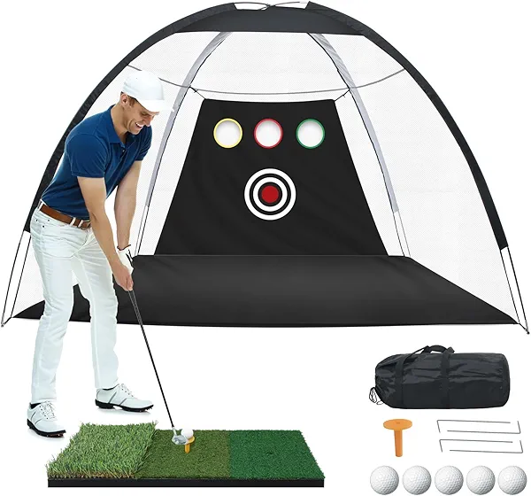 WYDHven 10x7FT Golf Practice Net for Backyard Indoor Outdoor Training, Golf Hitting Net with 3-Color Turf Mat, 5 Golf Balls and Tee, Perfect for Driving, Chipping and Swing Practice