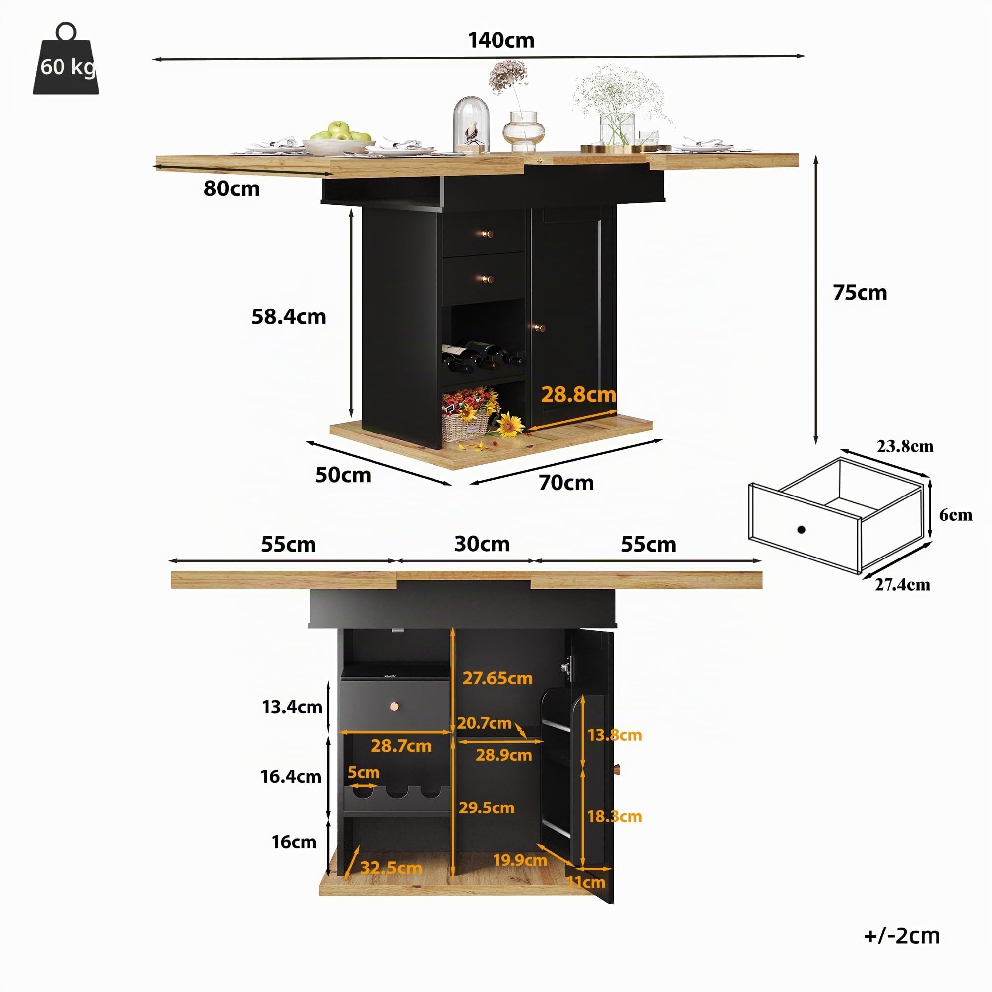 Tavolo da pranzo telescopico da cucina pieghevole per 4-6 persone, tavolo con snack e scaffale per vino, tavolo da pranzo estraibile, 1 ante e 2 cassetti, per cucina e soggiorno 110-140 x 80 x