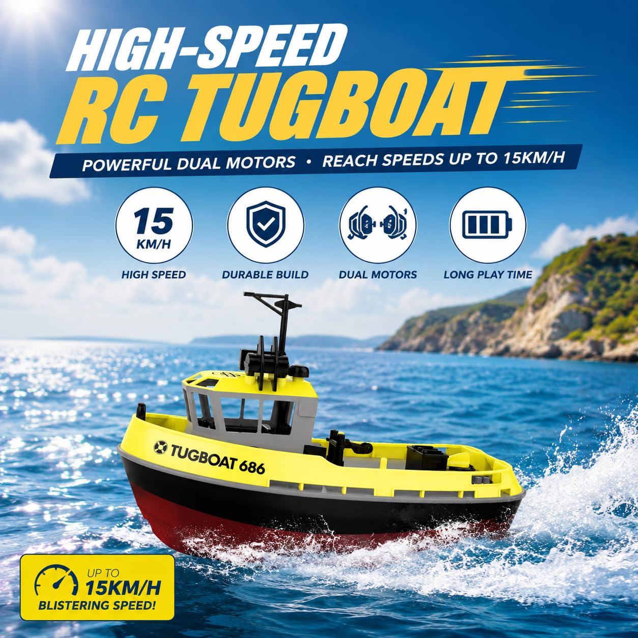 Barca radiocomandata 1/72 RC Tugboat per piscine e laghi, 2,4 Ghz, telecomando ad alta velocità, con luci a LED e allarme batteria scarica, per adolescenti e adulti