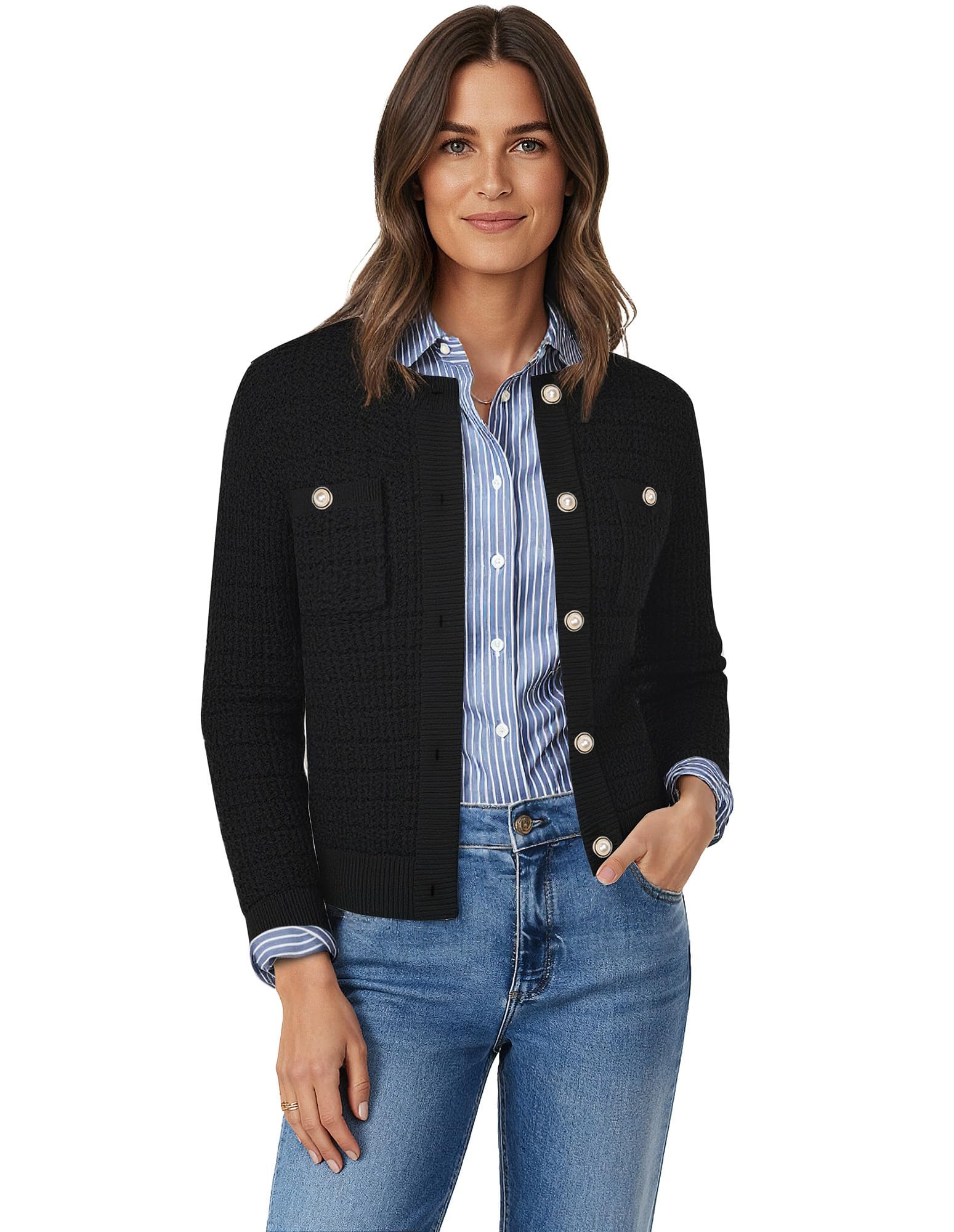 GRACE KARIN Cárdigan de punto con botones y bolsillos para mujer, con parte delantera abierta, con textura, Negro -, L