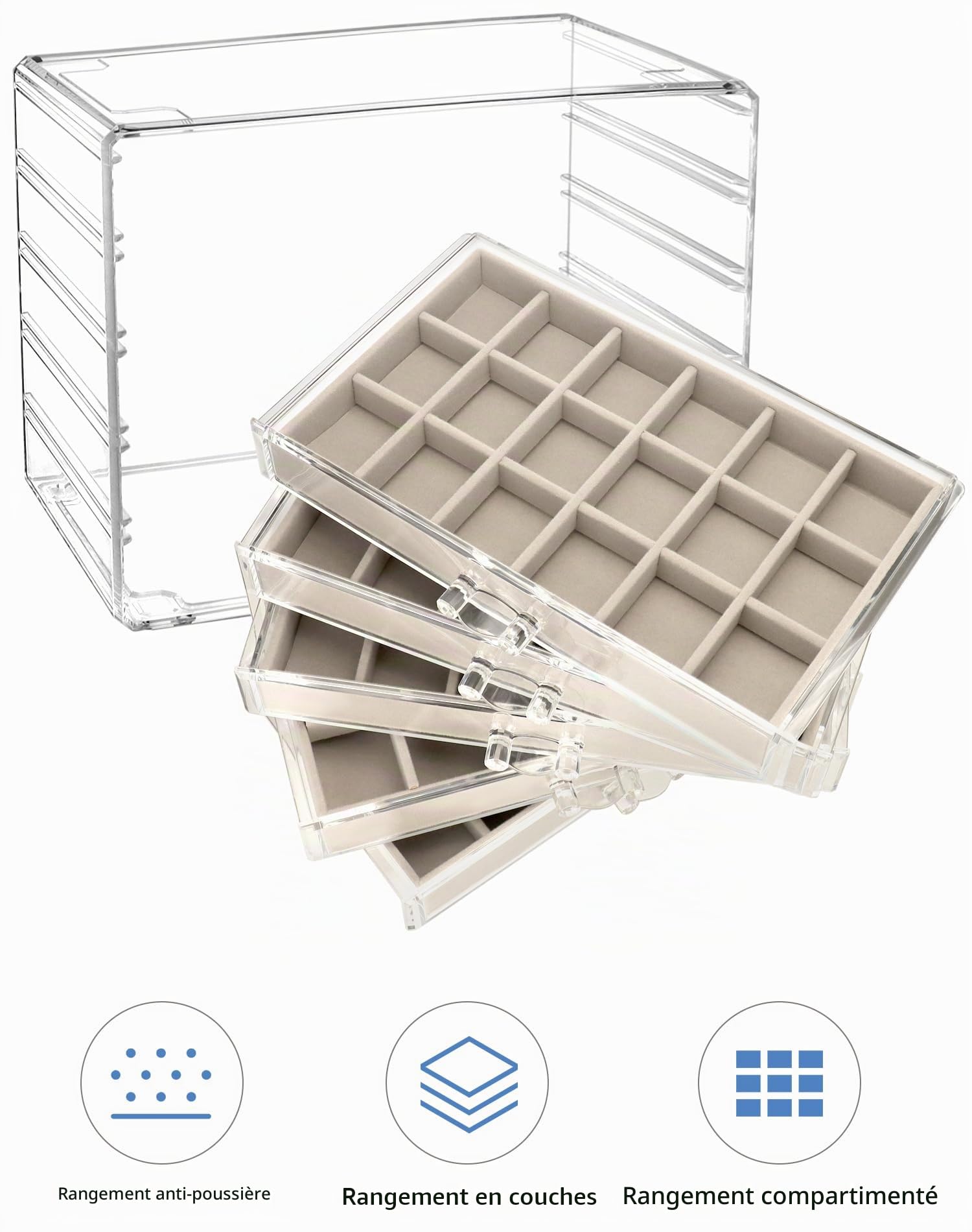 QWORK® Boîte à bijoux en acrylique, avec 5 tiroirs, organisateur de bijoux, rangement de bijoux transparent, gris