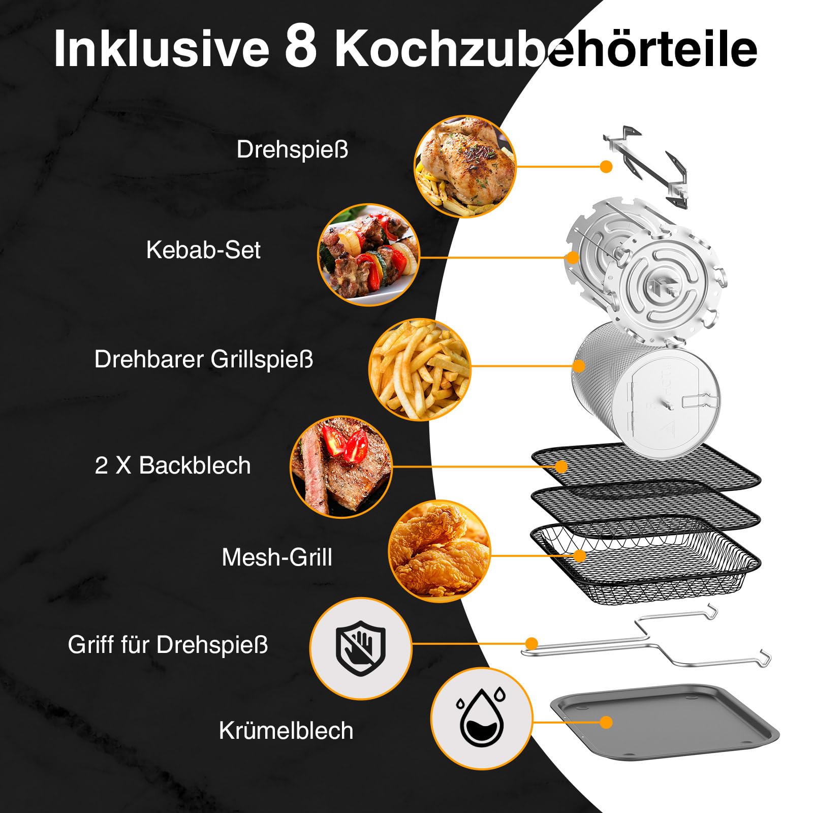 Große Heißluftfritteuse Pizza,Air Fryer XXL 12L,Backofen 12-in-1 Heissluftfritteuse Rotisserie mit 8 Zubehör,Grill Friteuse,Multifunktionale AirFryer ohne Öl mit 2 Großes Sichtfenster