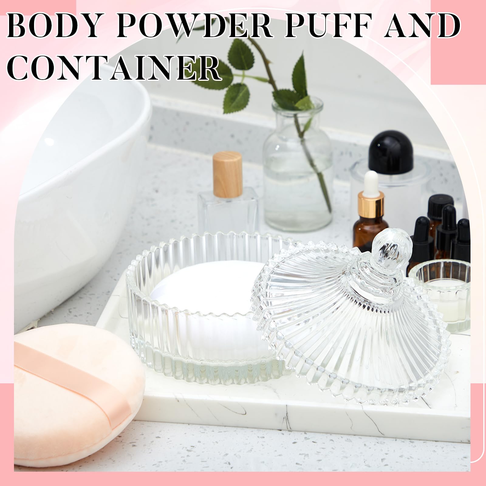 Tioncy 3 piezas extra grandes para polvo corporal y recipiente, recipiente de cristal de 14 cm con esponja de terciopelo de 5.12 pulgadas, caja de vidrio para mujer, herramienta de maquillaje de polvo