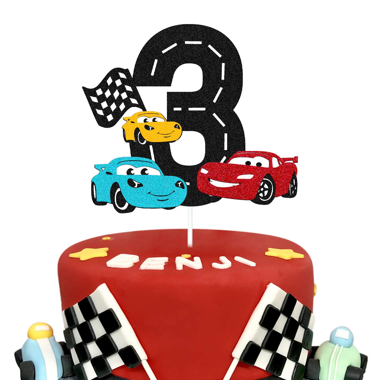 Vikiwiin Race Car 3rd Cake Topper for Racing Car Checkered Flag Themed Kids Boy Girl 3th Years Old Happy Birthday Party Supplies Double Sided