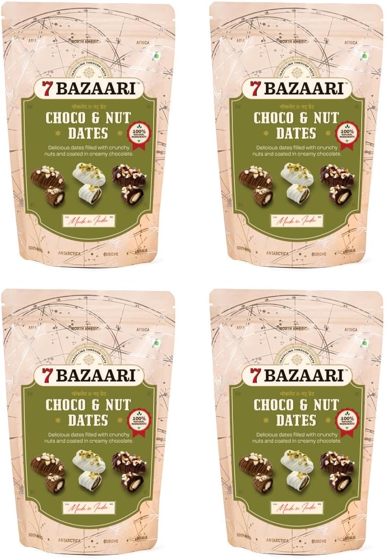 7 BAZAARI™ Premium Choco & Nut Dates - Gluten Free, Natural Ingredients - Assorted Almond Dark Chocolate, Cashew Milk Chocolate- 10pcs (Pack of 4)