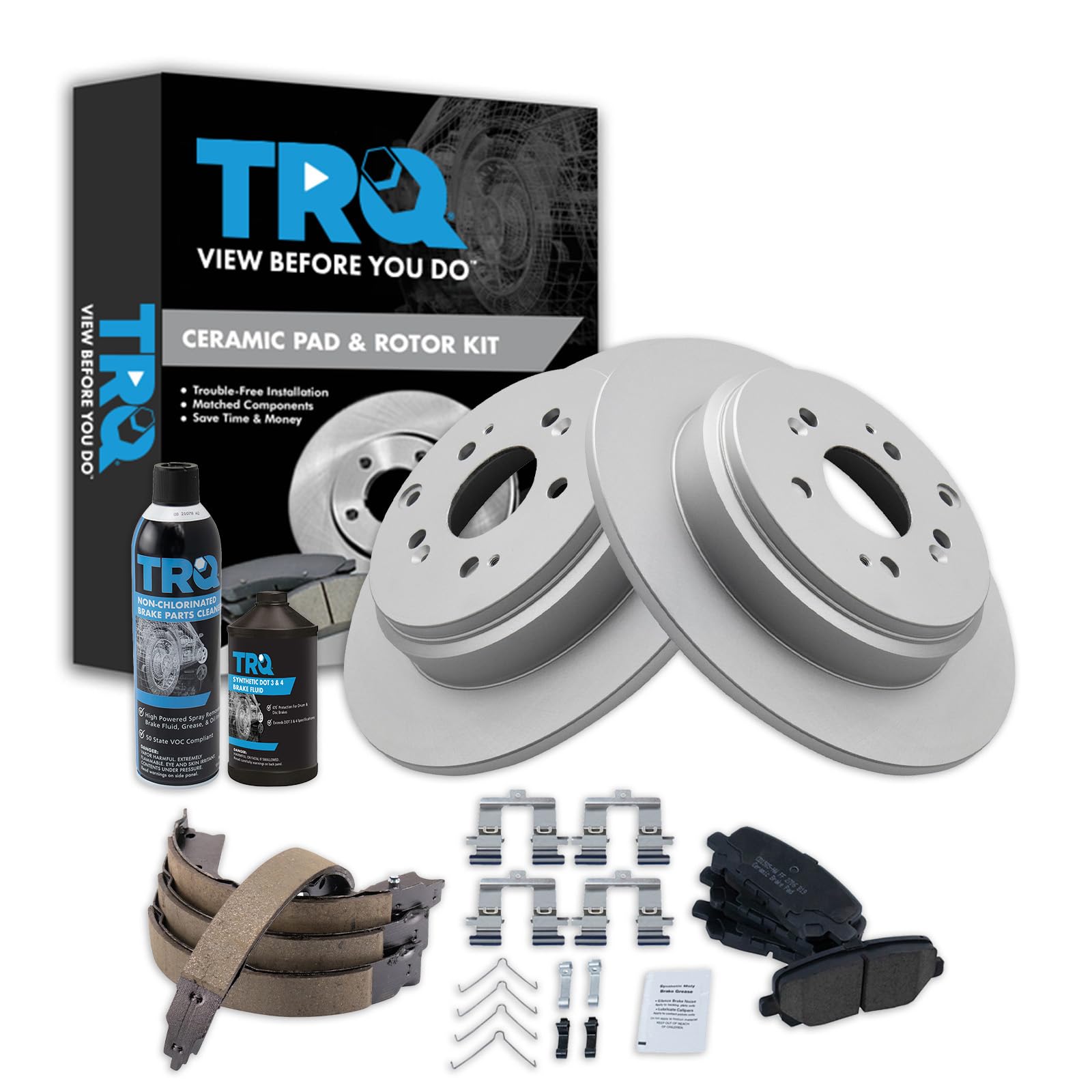 TRQ Rear Brake Pad &amp; Rotor Kit, with Chemical Kit Parking Brake Shoe Set Ceramic Premium G-Coated Compatible with 2007-2013 Acura MDX 2010-2013 ZDX 2009-2015 Honda Pilot