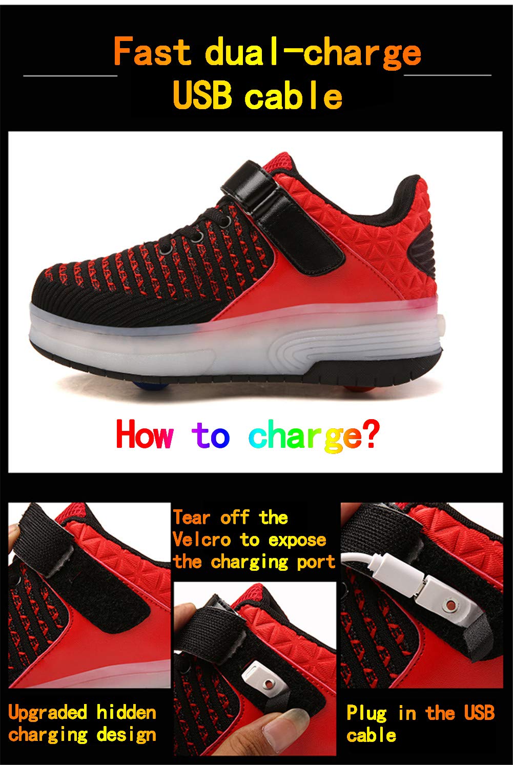 Axcer USB Aufladen LED Leuchtend Schuhe mit Doppelt Rollen Ultraleicht Einziehbar Outdoor Sportschuhe 7 Farbe Farbwechsel Blinkschuhe Skateboardschuhe Blinking Gymnastik Sneaker für Junge Mädchen