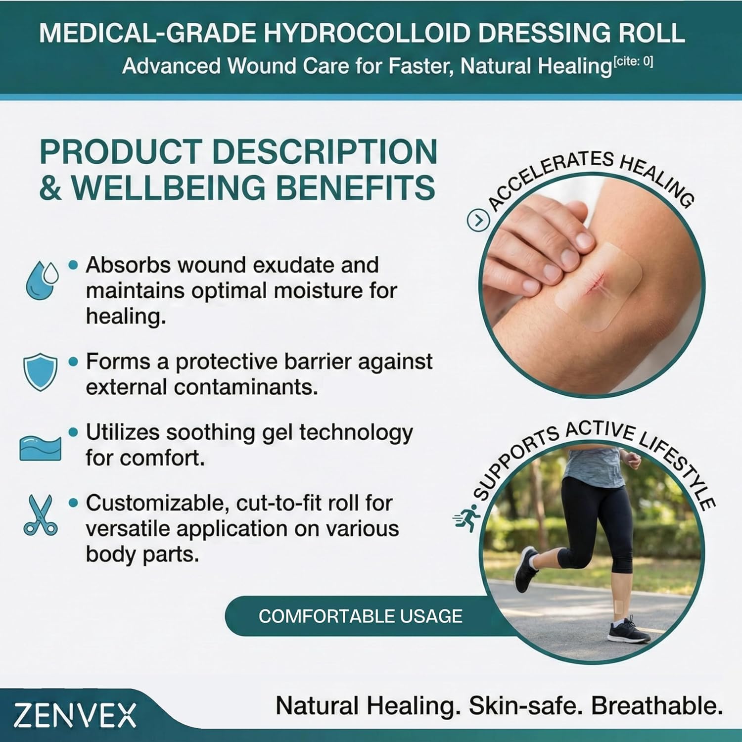 Medical Grade Hydrocolloid Dressing Roll,Promoting natural healing, Cut-to-Fit, Water-Resistant, Breathable, Absorbs Fluid (5cm x 4.9 Feet) — Amazon image 2