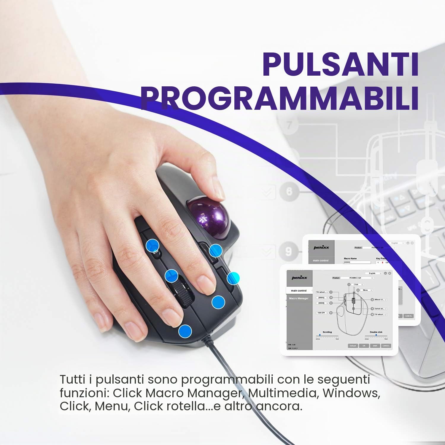 Perixx PERIMICE-520 - Mouse ergonomico trackball cablato, angolo regolabile, livello 2 DPI, colore: Nero