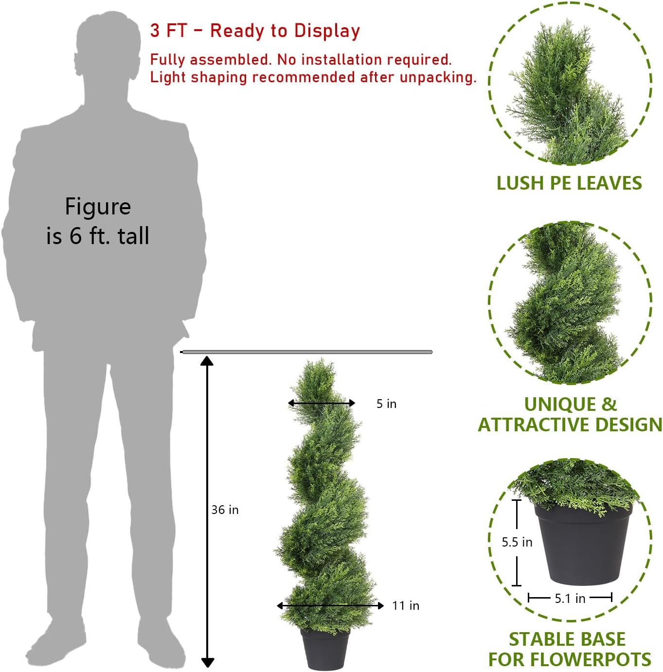 THE BLOOM TIMES 3ft Artificial Topiary Trees Set of 2, 36 inch Faux Cedar Cypress Spiral Topiary Trees Outdoor - Fake Plants for Garden Front Porch Indoor Outside Planter Christmas Decor 3 Foot - Image 4