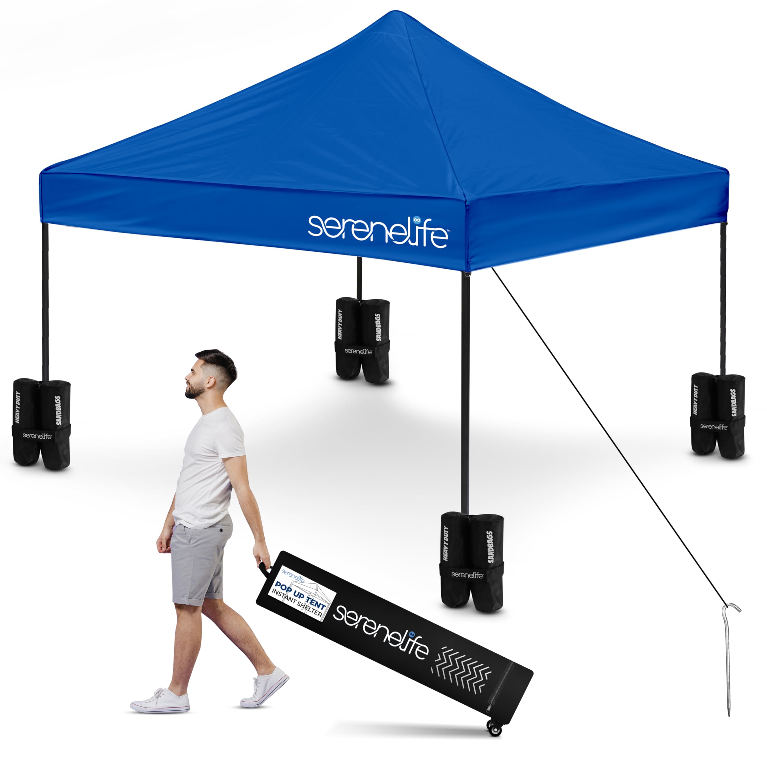 Pop Up Canopy Tent 10x10 - Commercial Instant Shelter Foldable/Collapsible Sun Shade Canopy Pop Up Tent w/Waterproof UV Resistant Top, Portable Carry Bag & Sand Bag - SereneLife SLGZ10BU (Navy Blue)