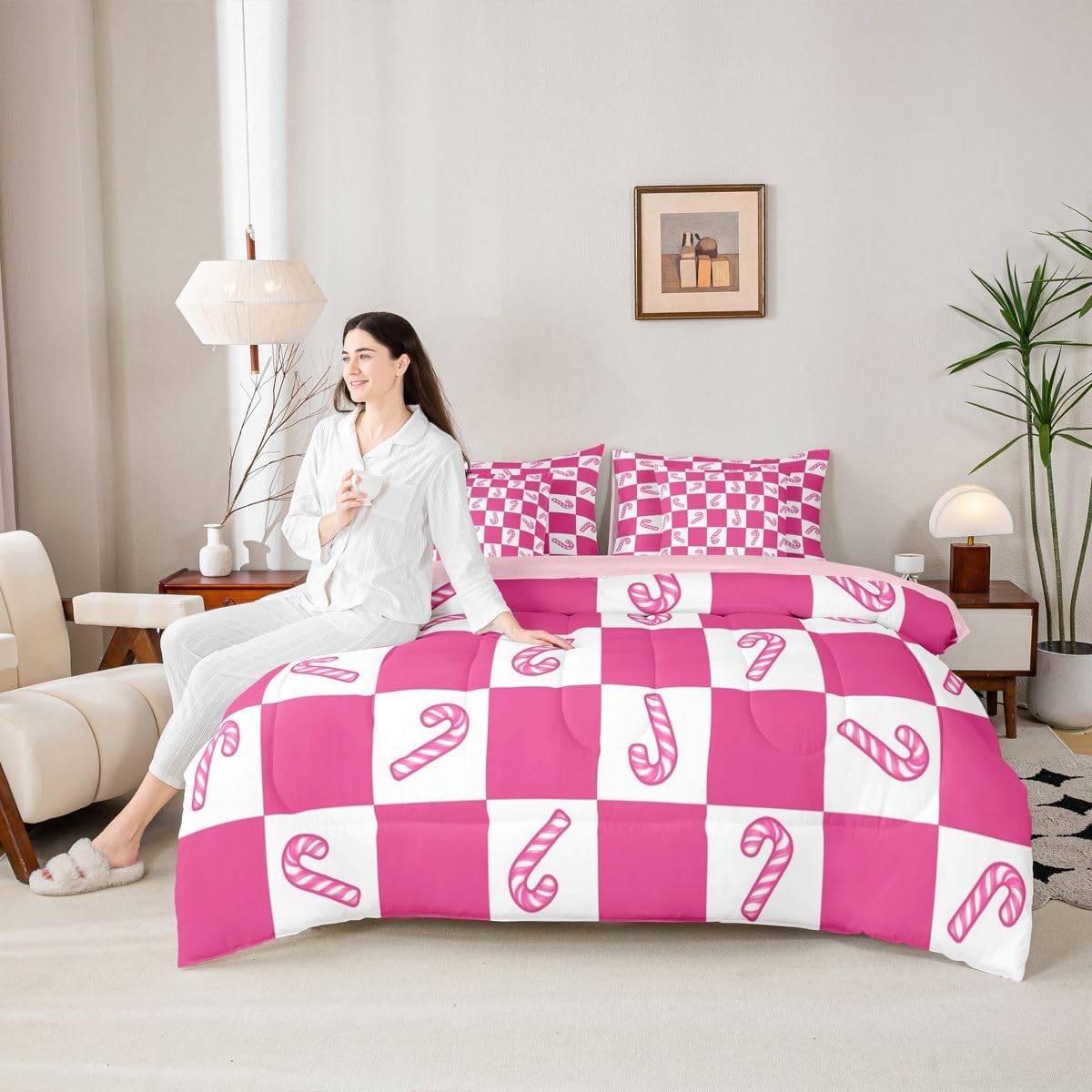 Erosebridal Christmas Candy Cane Queen Comforter Set for Kids Teens Adults - Pink White Plaid Checkered Bed in a Bag Christmas Ornaments 7-Piece Bedding Set Cute Candy Cane Quilt Duvet Sets