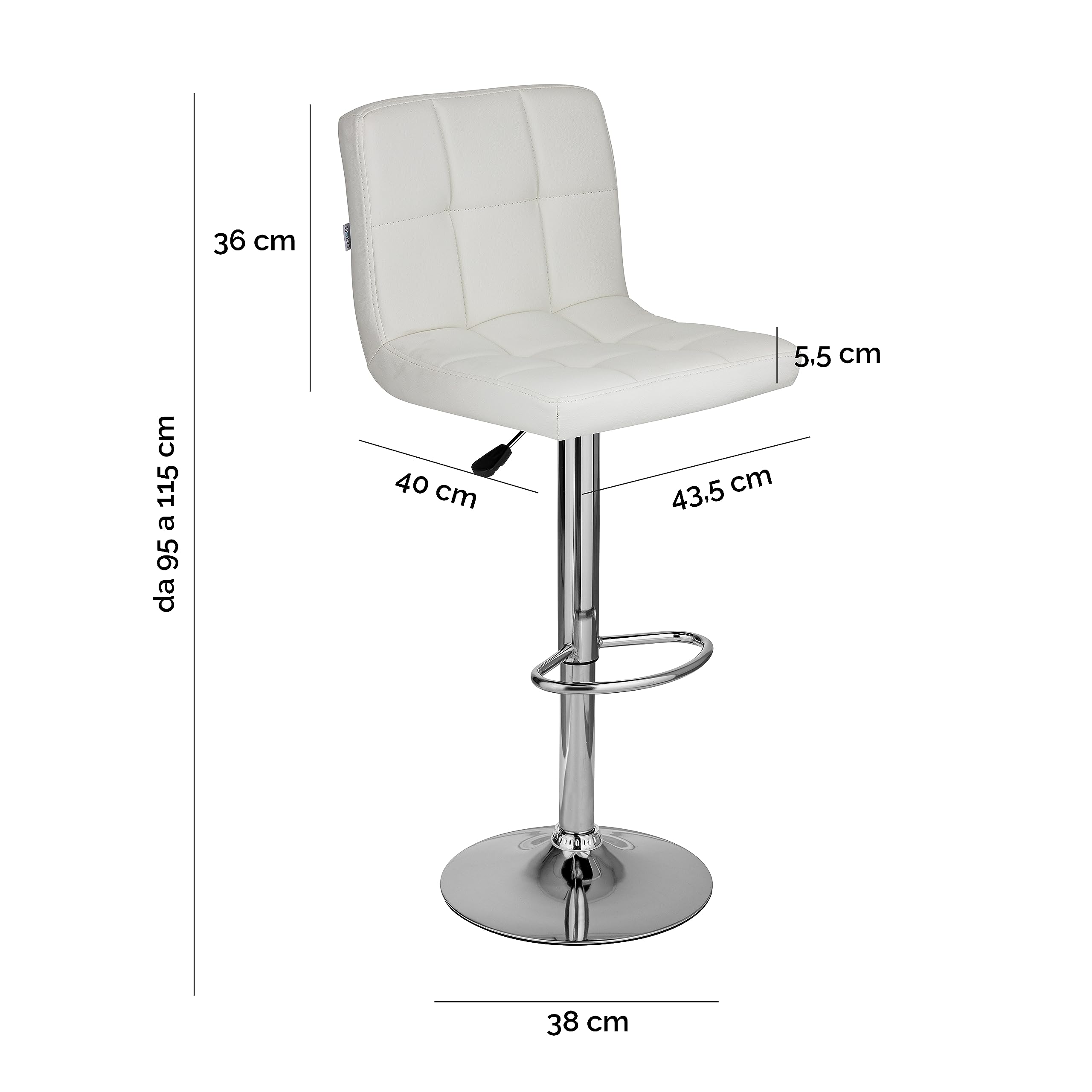 Baroni Home Tabouret de Bar Revêtement en Similicuir, Chaise de Bar Hauteur Réglable, Tabouret Tournant 360°, Dossier Ergonomique et Repose-Pieds, Structure en Acier, 1 Pièce, Blanc, 38x43,5x115 cm