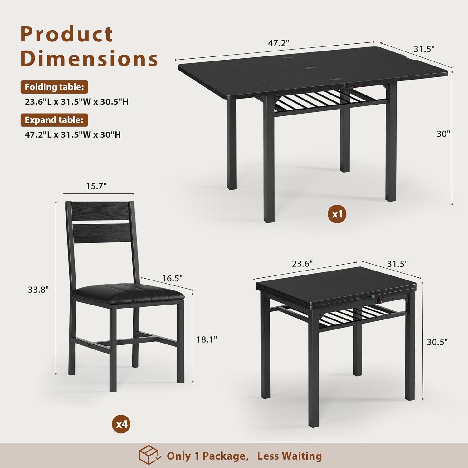 Dining Table Set for 4, Extendable Kitchen Table with 4 PU Leather Upholstered Dining Room Chairs, Wood Kitchen Table Set with Built-in Storage Rack for Dining & Small Spaces, Black