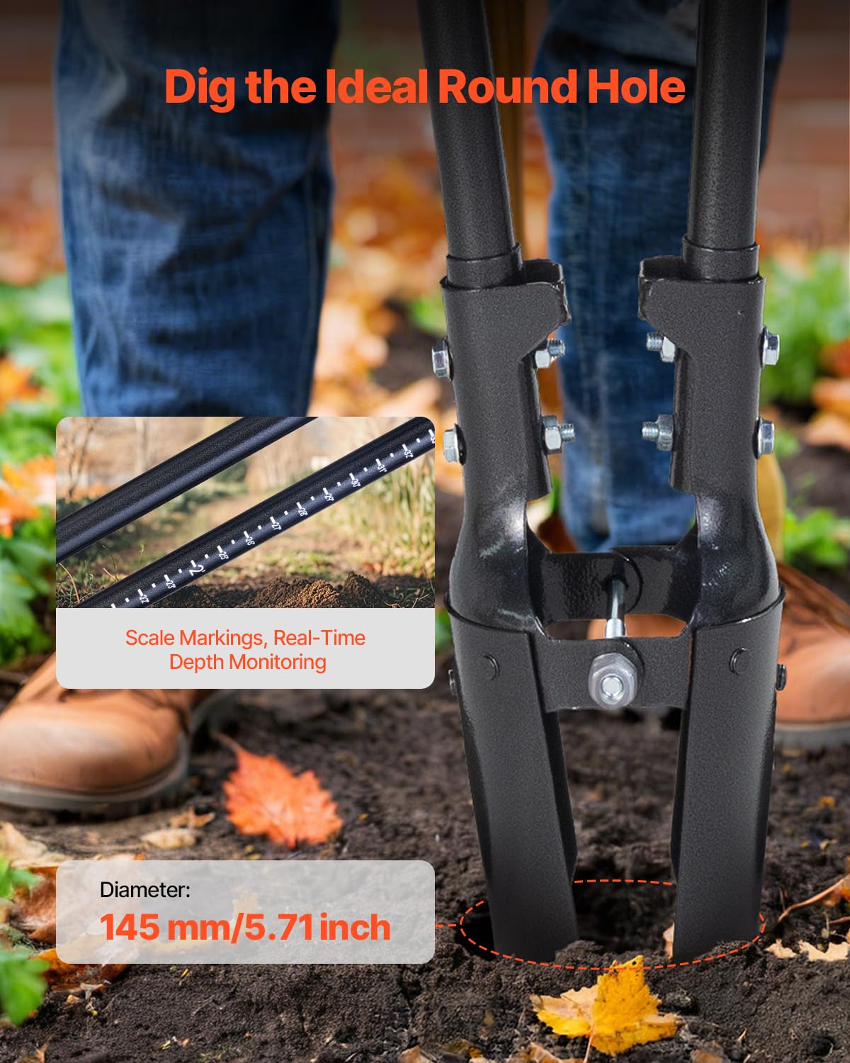 VEVOR Excavadora de Agujeros Manual para Postes Resistente con Mango de Acero al Carbono de 145 mm, Marcas de Escala y Hoja de Metal, Herramienta para Excavar Agujeros para Jardinería y Exteriores