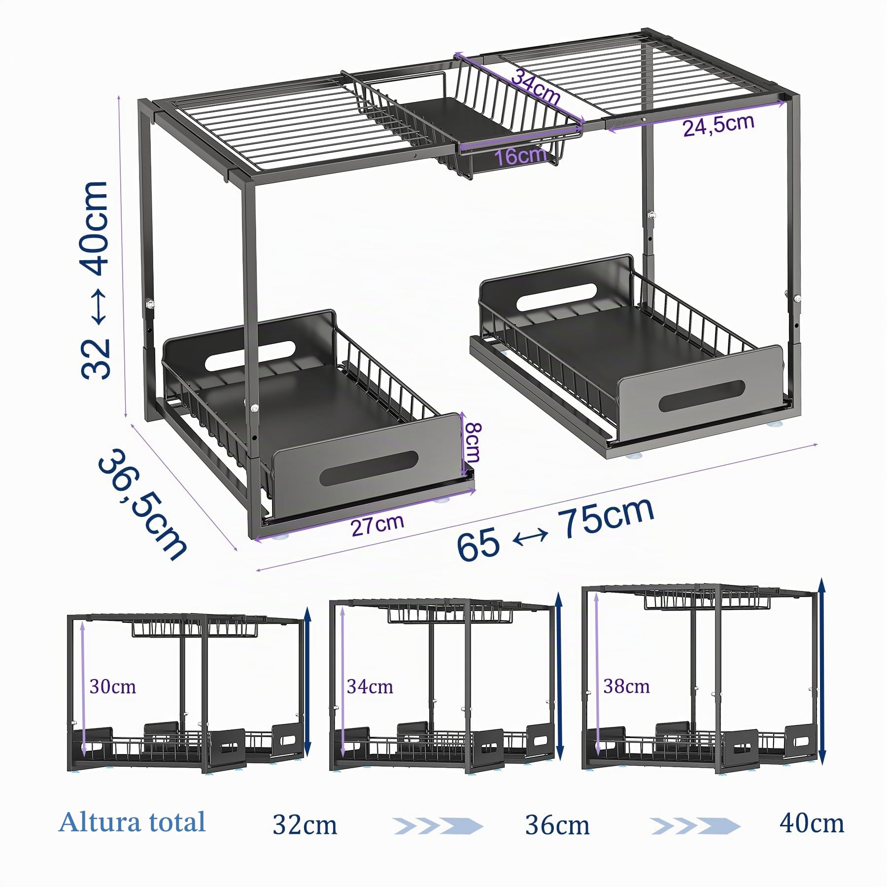 YunNasi Organizador Bajo Fregadero, Armario 2 Niveles Metal Altura Ajustable Estantería Bajo Fregadero, Bandeja Extraible Mueble Almacenaje para Cocina Baño (Negro, A-Estilo)