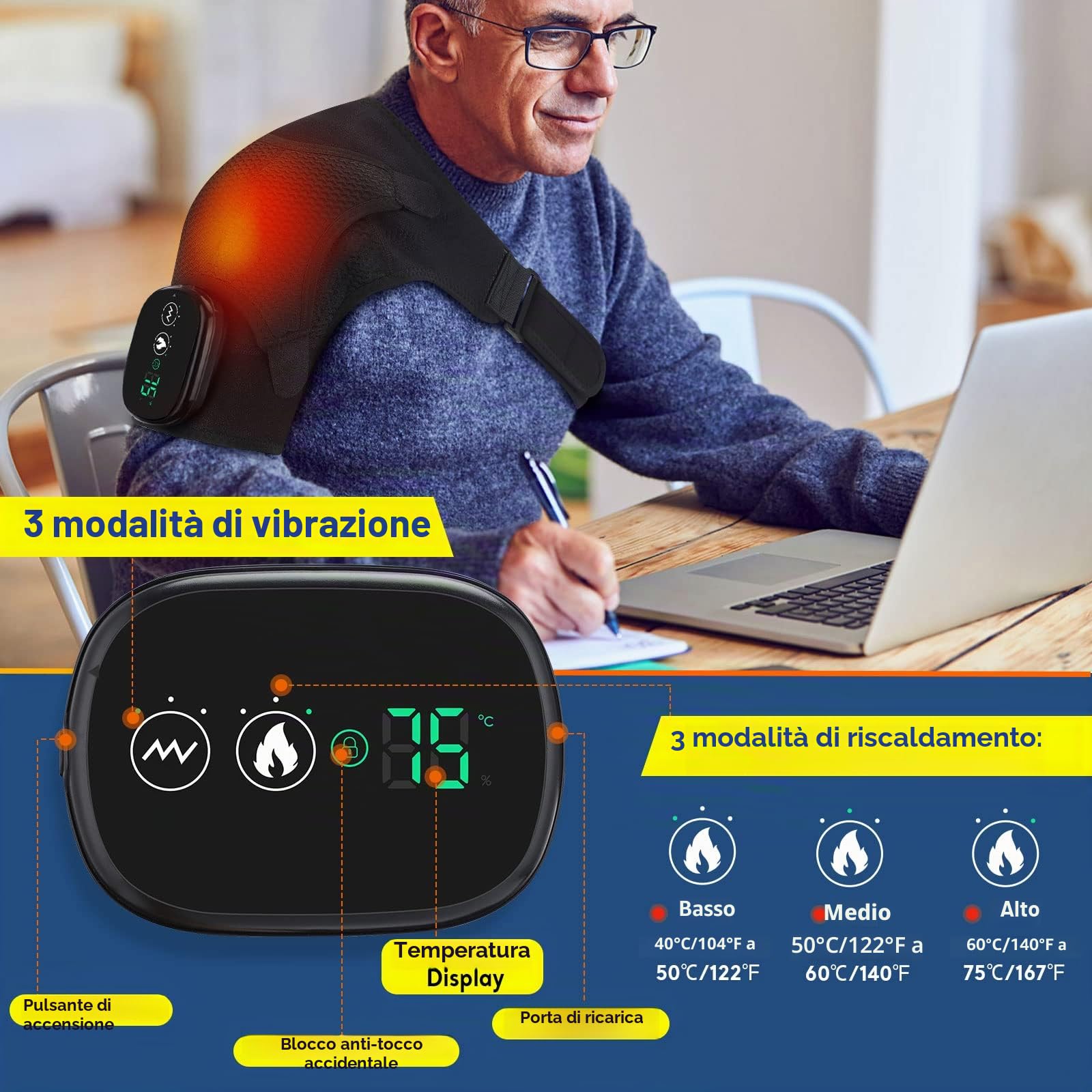Supporti Riscaldati Dell'involucro Della Spalla con Vibrazione, Riscaldamento Massaggio Elettrico, 3 Modalità Cordless Pad per Uomini e Donne, si Adatta a Sinistra o Destra, Nero