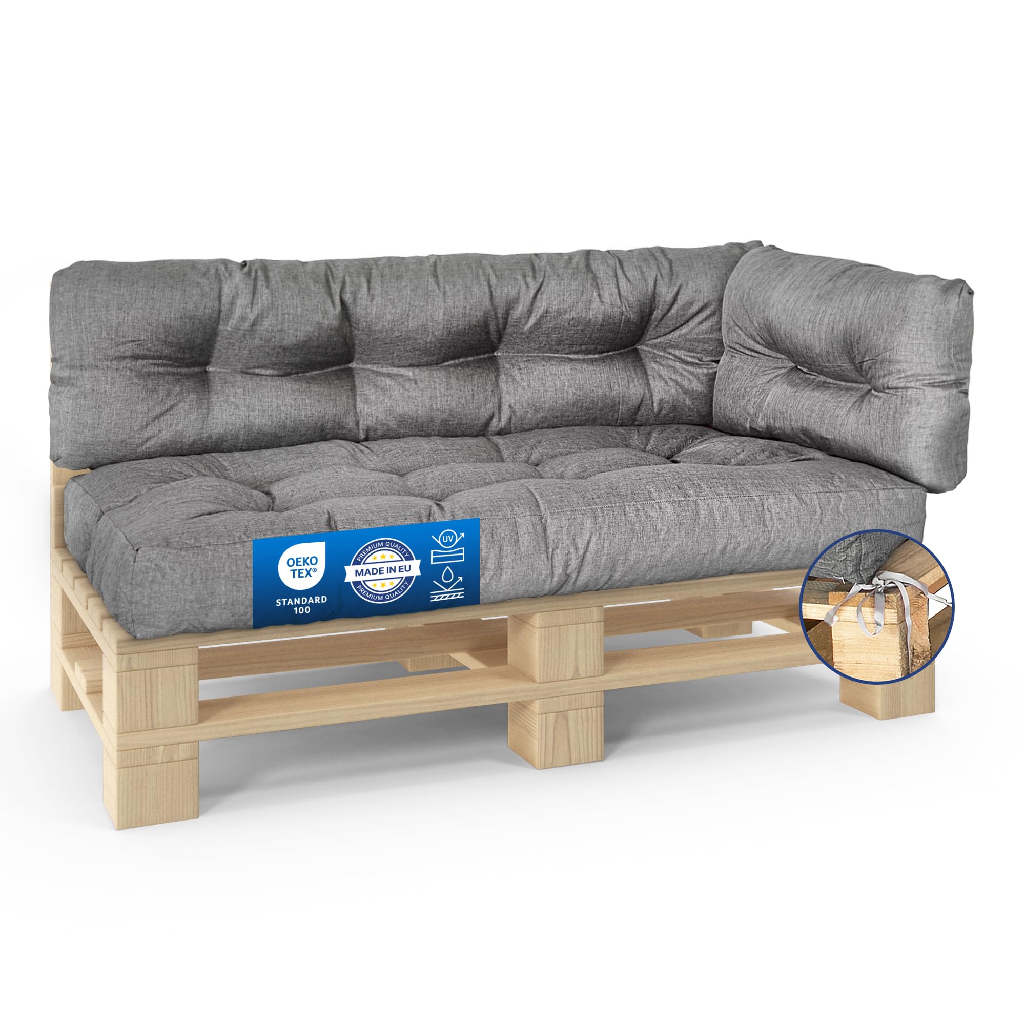 MKS Cuscino pallet Set di 3 impermeabile 120x80 120x40 60x40 cm con cinghie