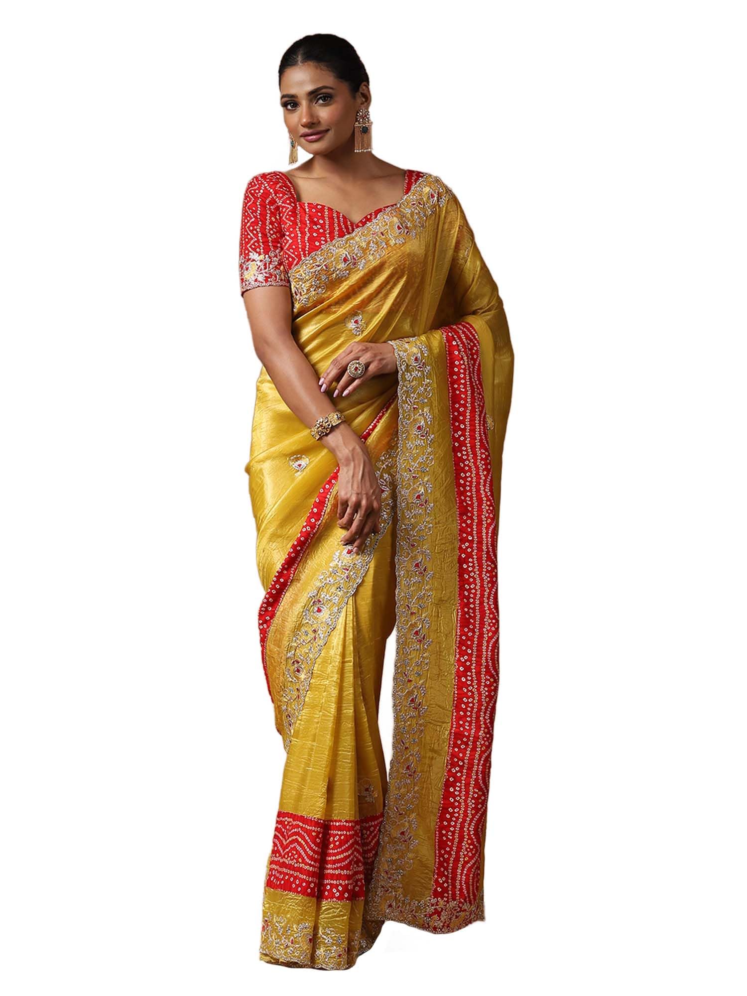 Women's Yellow Tissue Floral Printed Saree With Unstitched Blouse Piece (ANIKA1601_AG)-image-37
