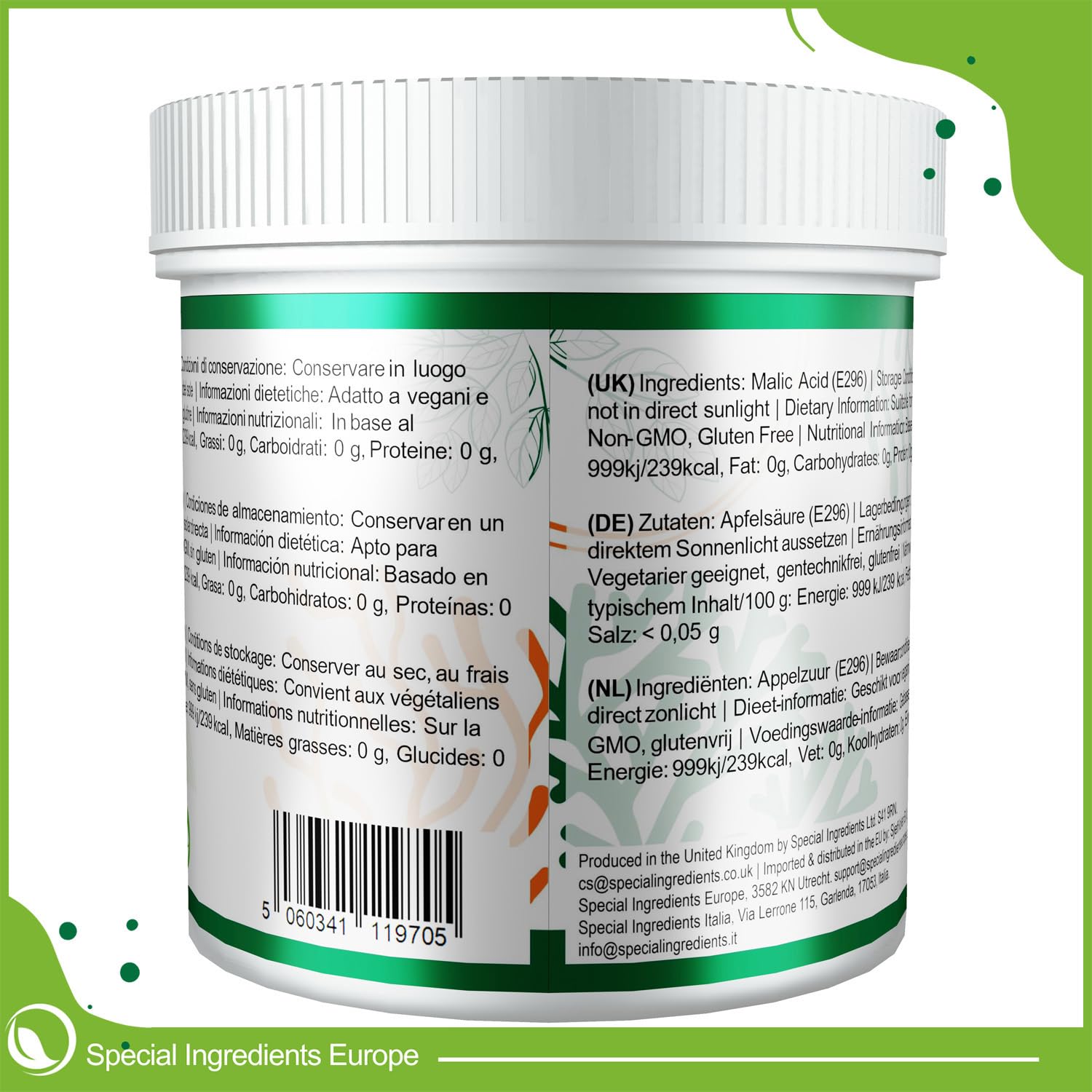 Special Ingredients Acide Malique 500g - Régulateur d’acidité pour la préparation maison de vin, bière & boissons alcoolisées - Qualité supérieure - Emballage recyclable